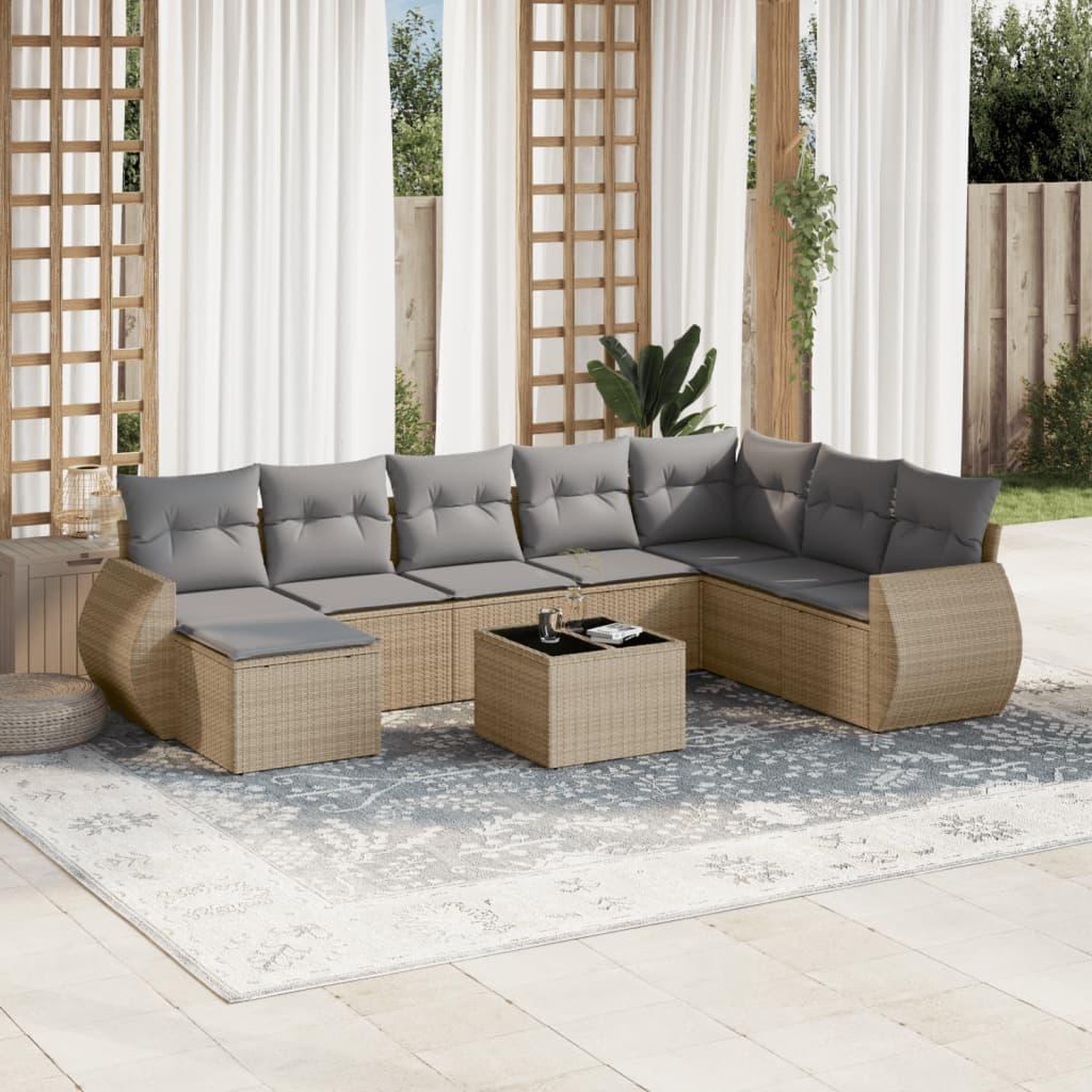 VIDAXL Salon de jardin avec coussins 9 pcs beige resine tressee