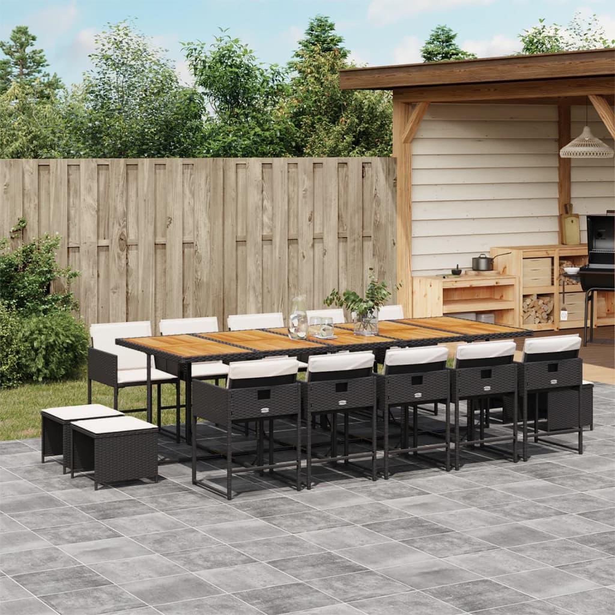 VIDAXL Ensemble a manger de jardin 15 pcs coussins noir resine tressee