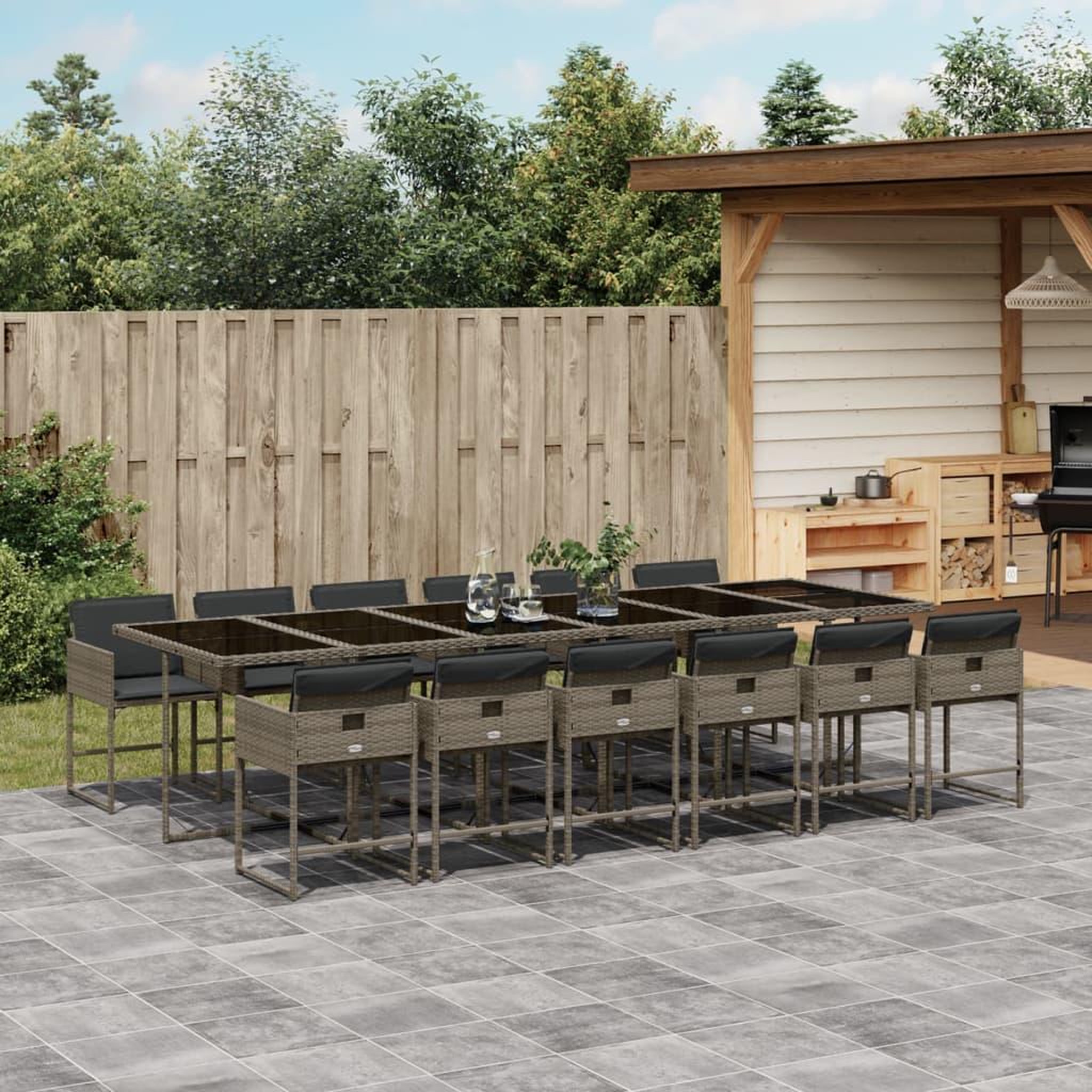 VIDAXL Ensemble a manger de jardin coussins 13 pcs gris resine tressee
