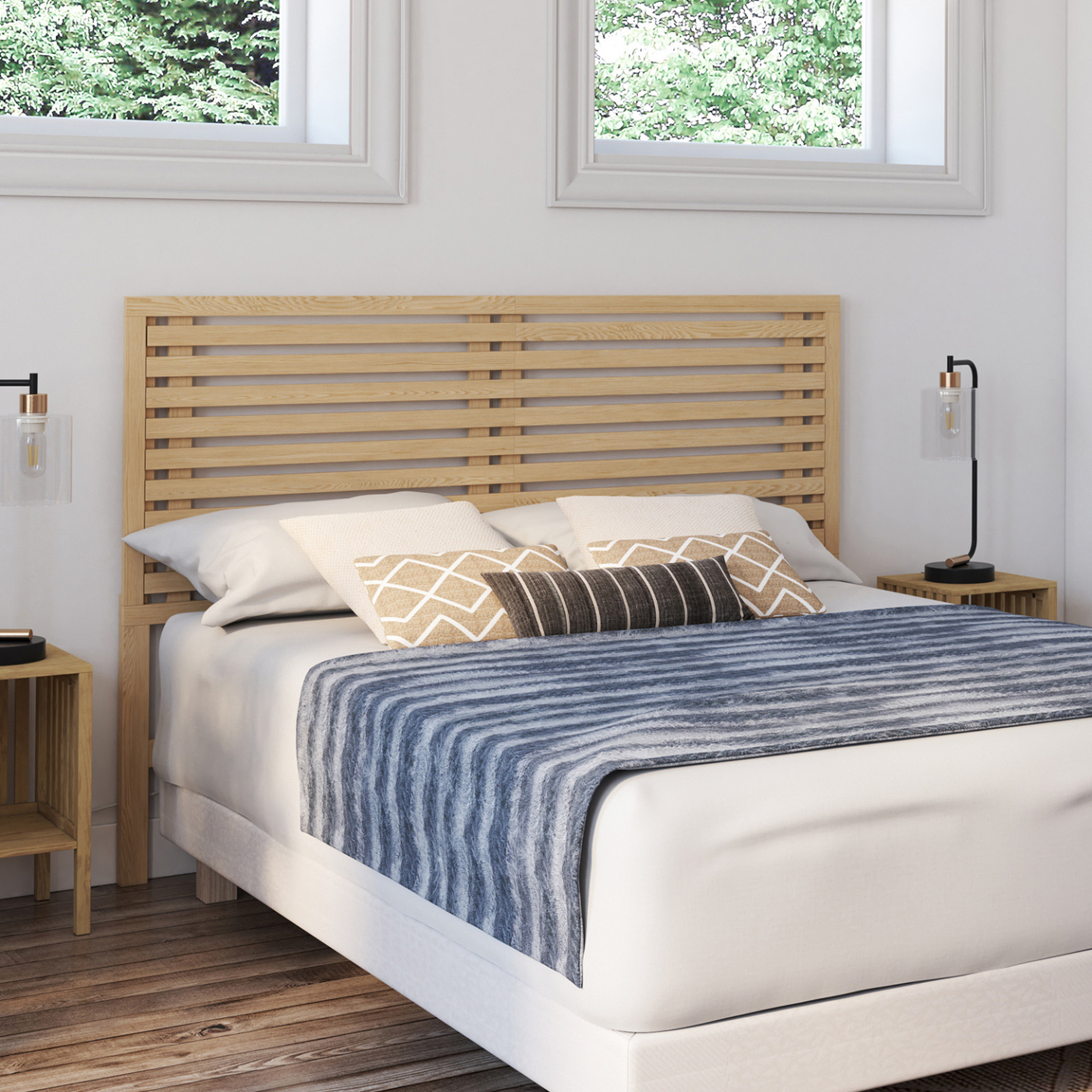 Voir la diapositive 2 : ID MARKET Tête de lit sur pied en lattes ava 160 cm façon bois clair