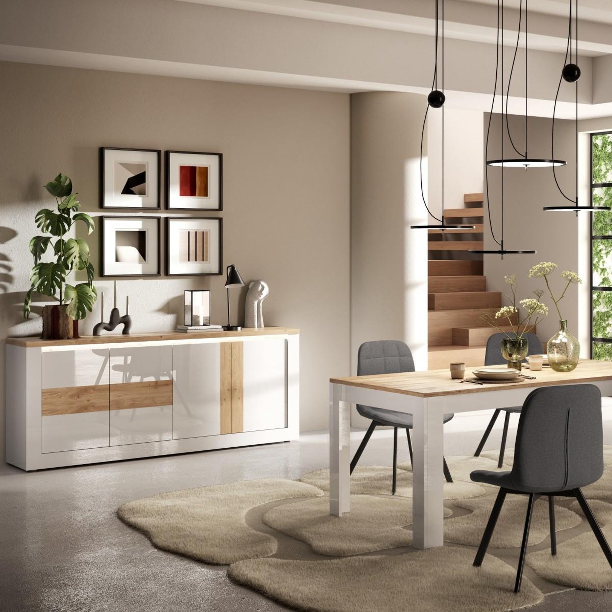Voir la diapositive 6 : JLC KREATION Buffet moderne 4 portes laqué blanc et bois 210cm ARIA