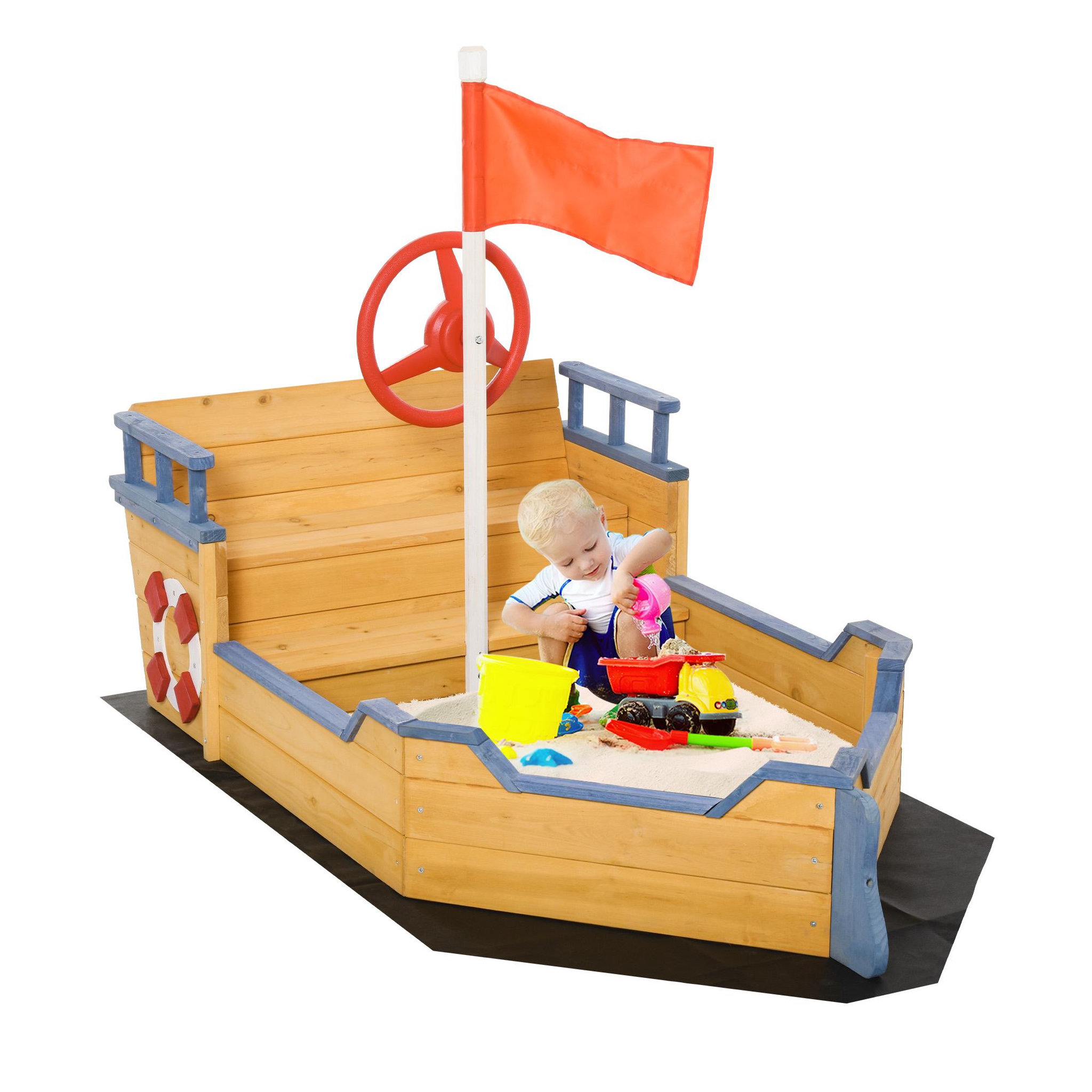 OUTSUNNY Bac à sable bateau de pirate - banc, coffre rangement, gouvernail, drapeau, bâche - bois sapin pré-huilé