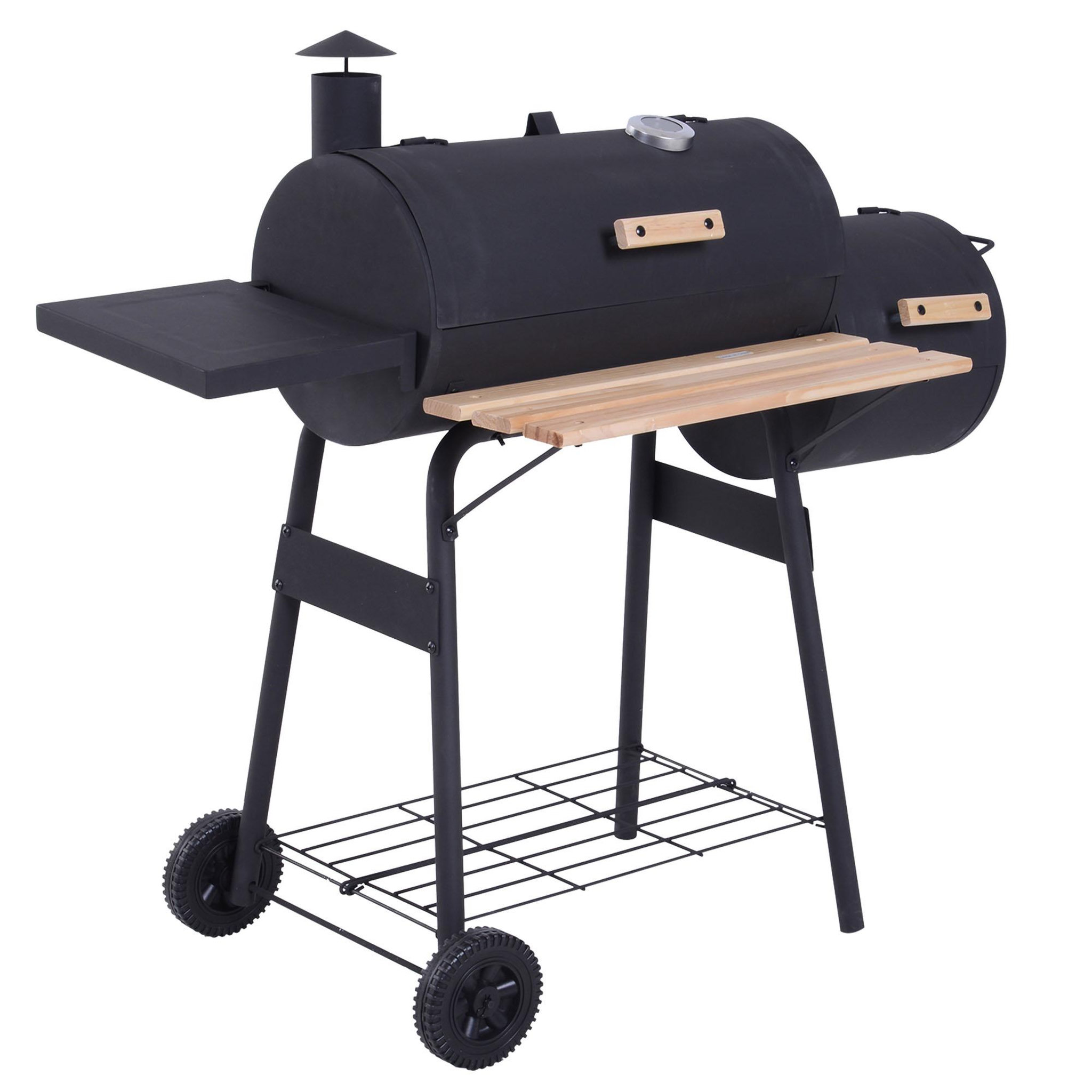 OUTSUNNY Barbecue à charbon fumoir BBQ grill smoker sur pied avec couvercle, roulettes, thermomètre, étagères  acier laminé à froid noir