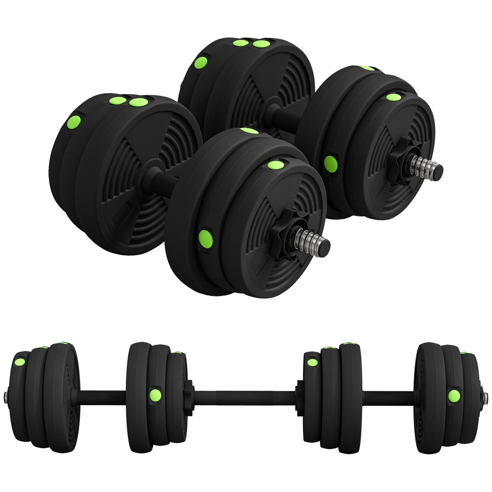 HOMCOM Haltères 2 en 1 réglables - haltères libres 25 kg - barres incluses - entraînement musculaire & haltérophilie - noir vert