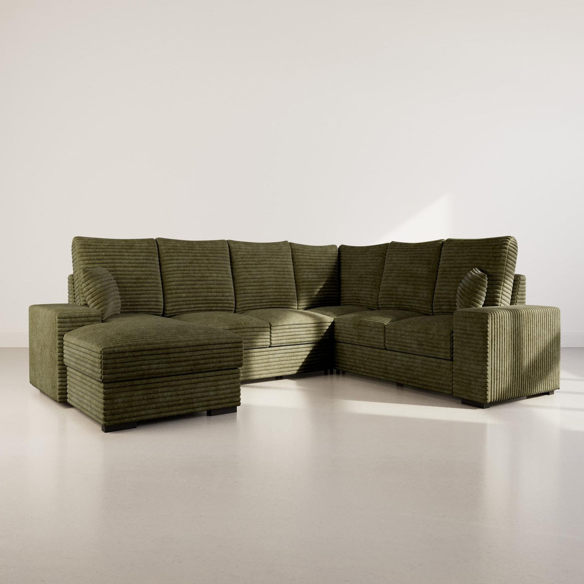 BEST MOBILIER Lorie - canapé panoramique d'angle droit 7 places convertible en velours côtelé grosse côte avec coffre