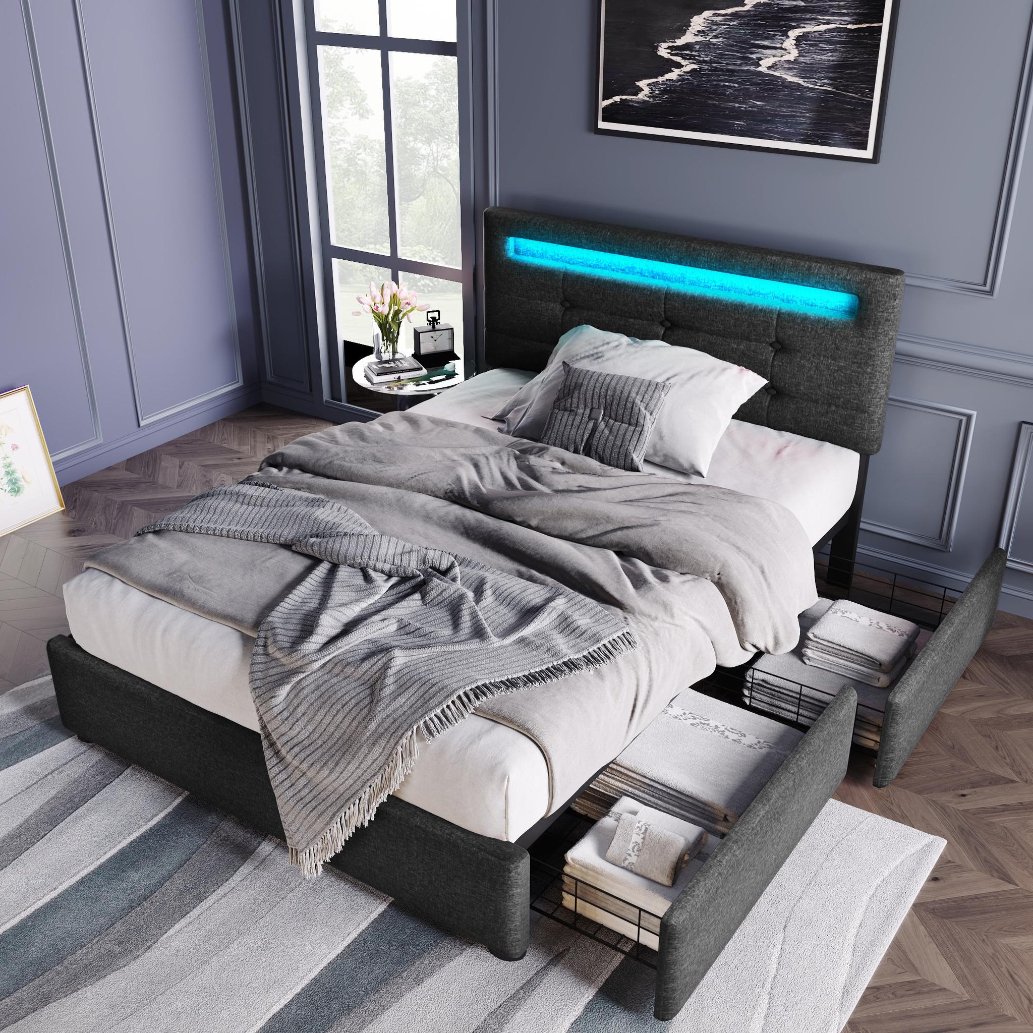 Voir la diapositive 2 : MERAX Lit avec tiroirs et LED Lin