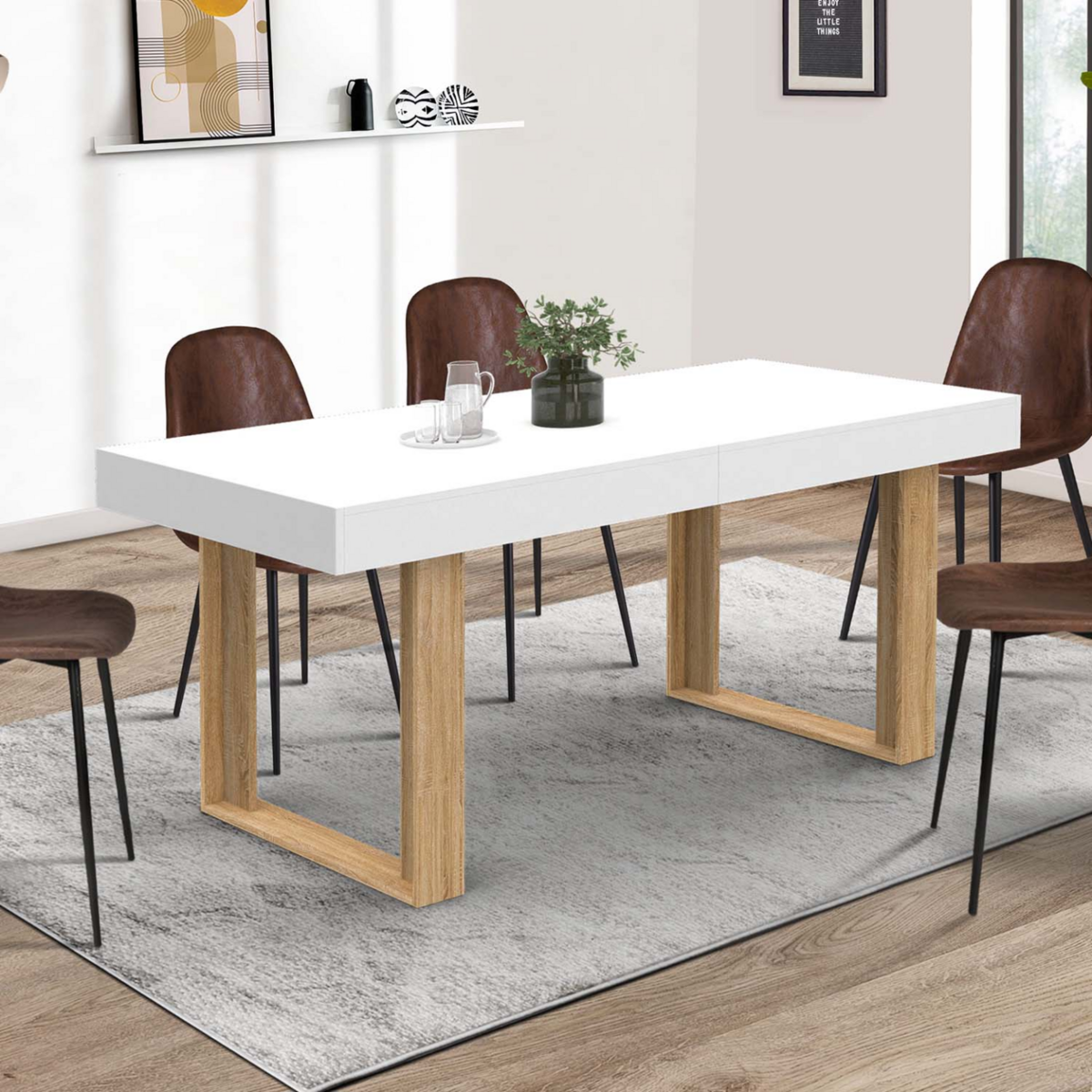 ID MARKET Table à manger extensible rectangle PHOENIX 4-8 personnes blanc pieds bois 160-200 cm