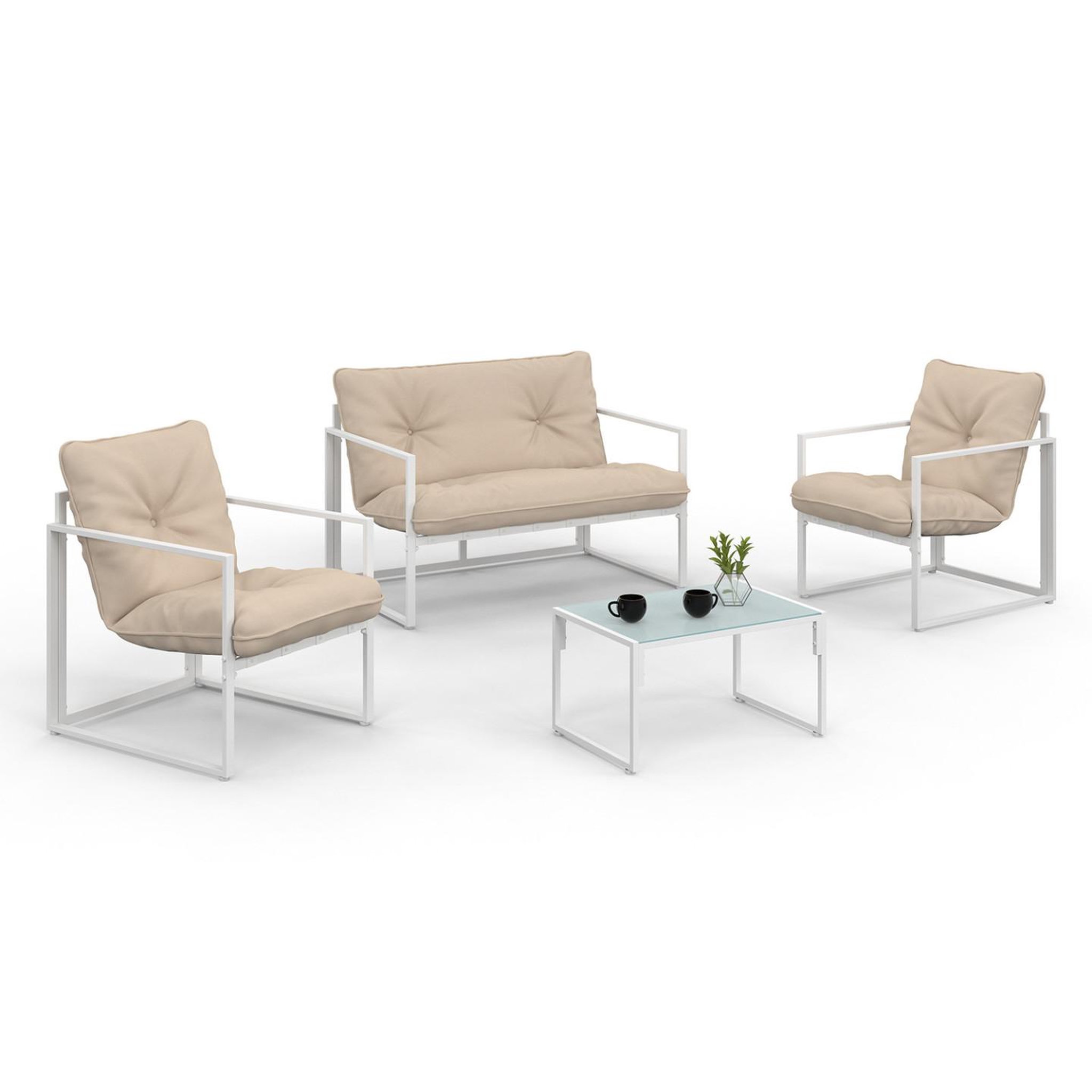 ID MARKET Salon de jardin bas nairobi 4 places en acier blanc et coussins beiges