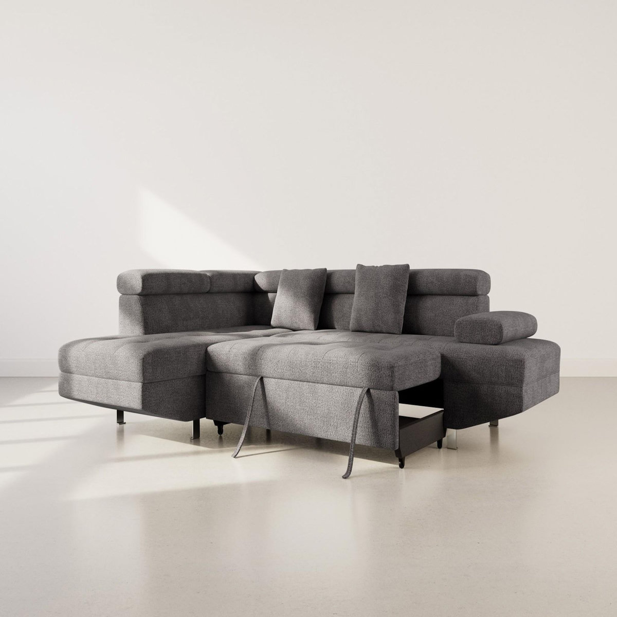 BEST MOBILIER Margaux - canapé d'angle gauche 5 places convertible avec coffre et têtières réglables en velours texturé