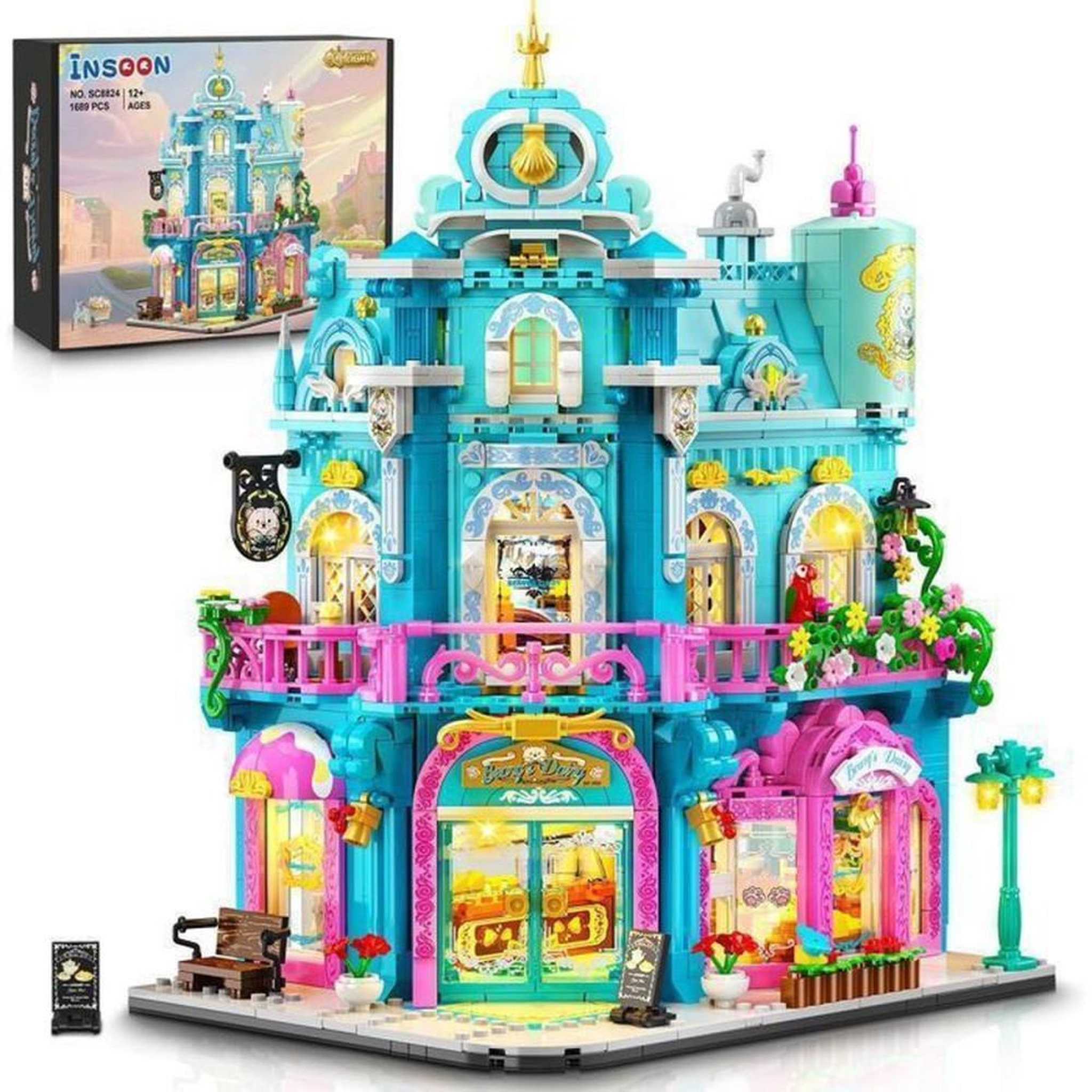 Ensemble de construction LED Château de Princesse 3 niveaux, 1 689 pièces ABS, maison modulaire bleue et rose à fenêtres cintrées