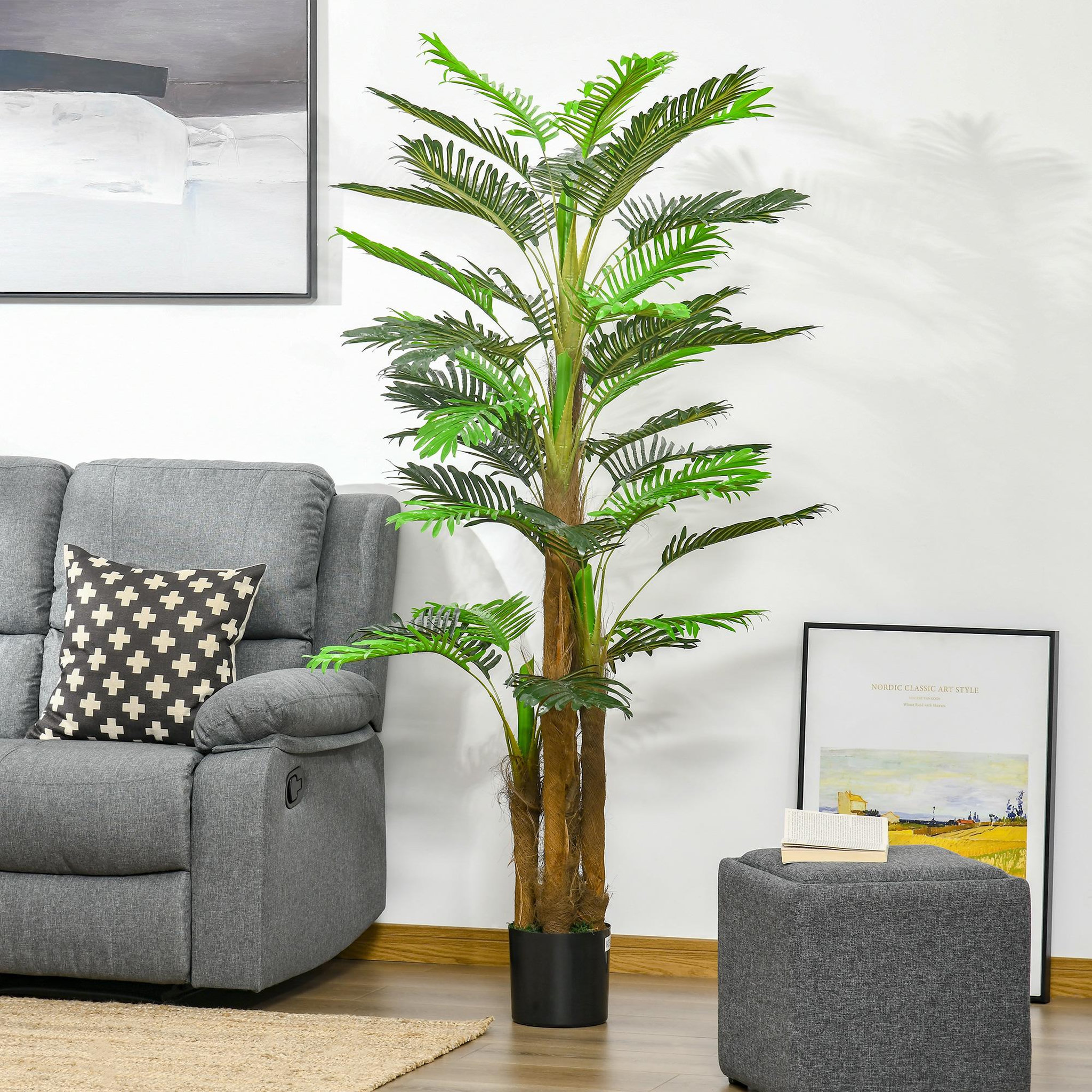Voir la diapositive 2 : OUTSUNNY Palmier artificiel H.1,85 m arbre artificiel tronc branches lichen feuilles grand réalisme pot inclus