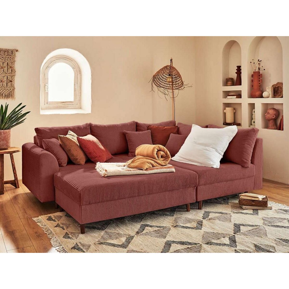 LISA DESIGN Rune - canapé d'angle droit - 4 places - avec pouf d'appoint - en velours côtelé