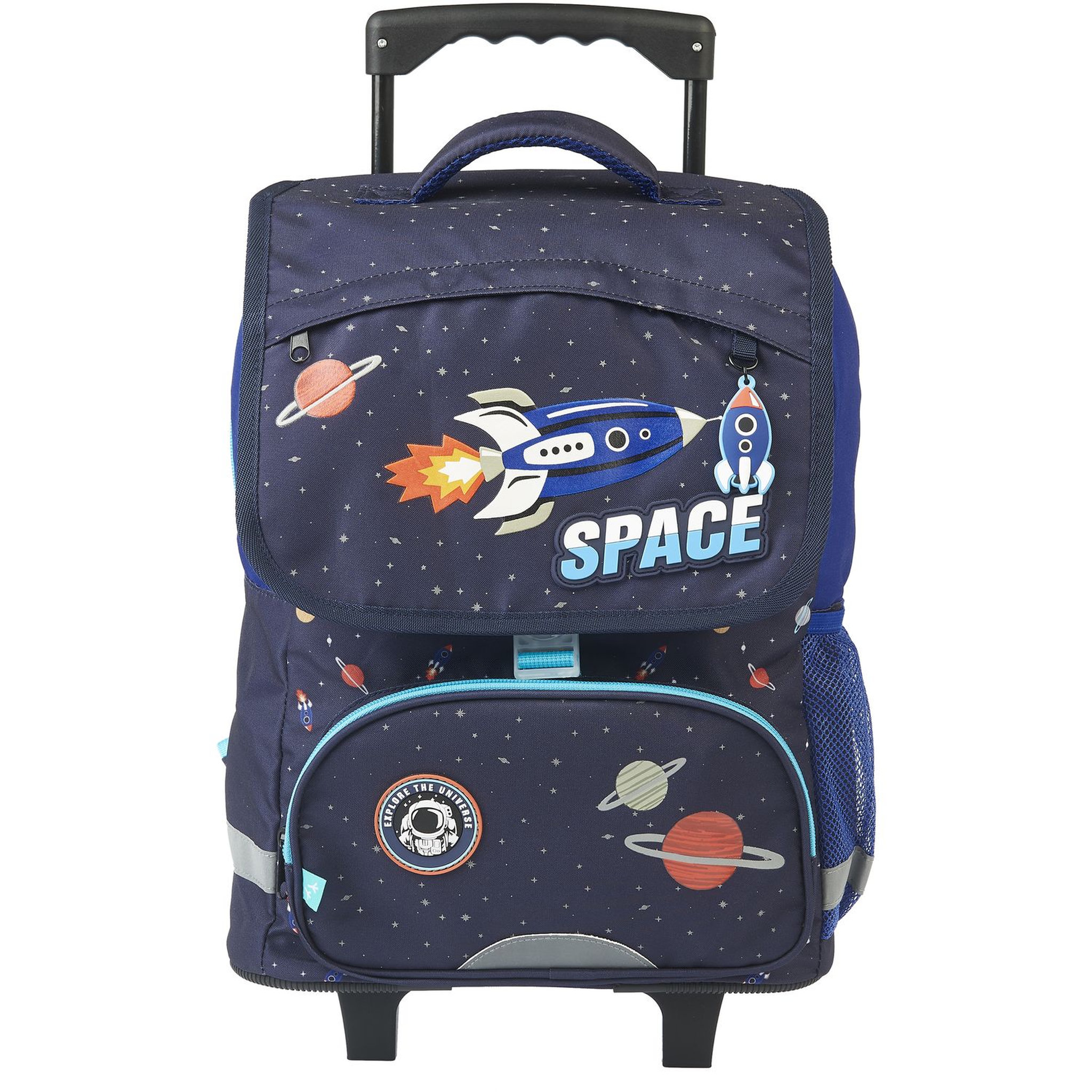 Voir la diapositive 1 : AUCHAN Sac à dos à roulettes bleu ESPACE