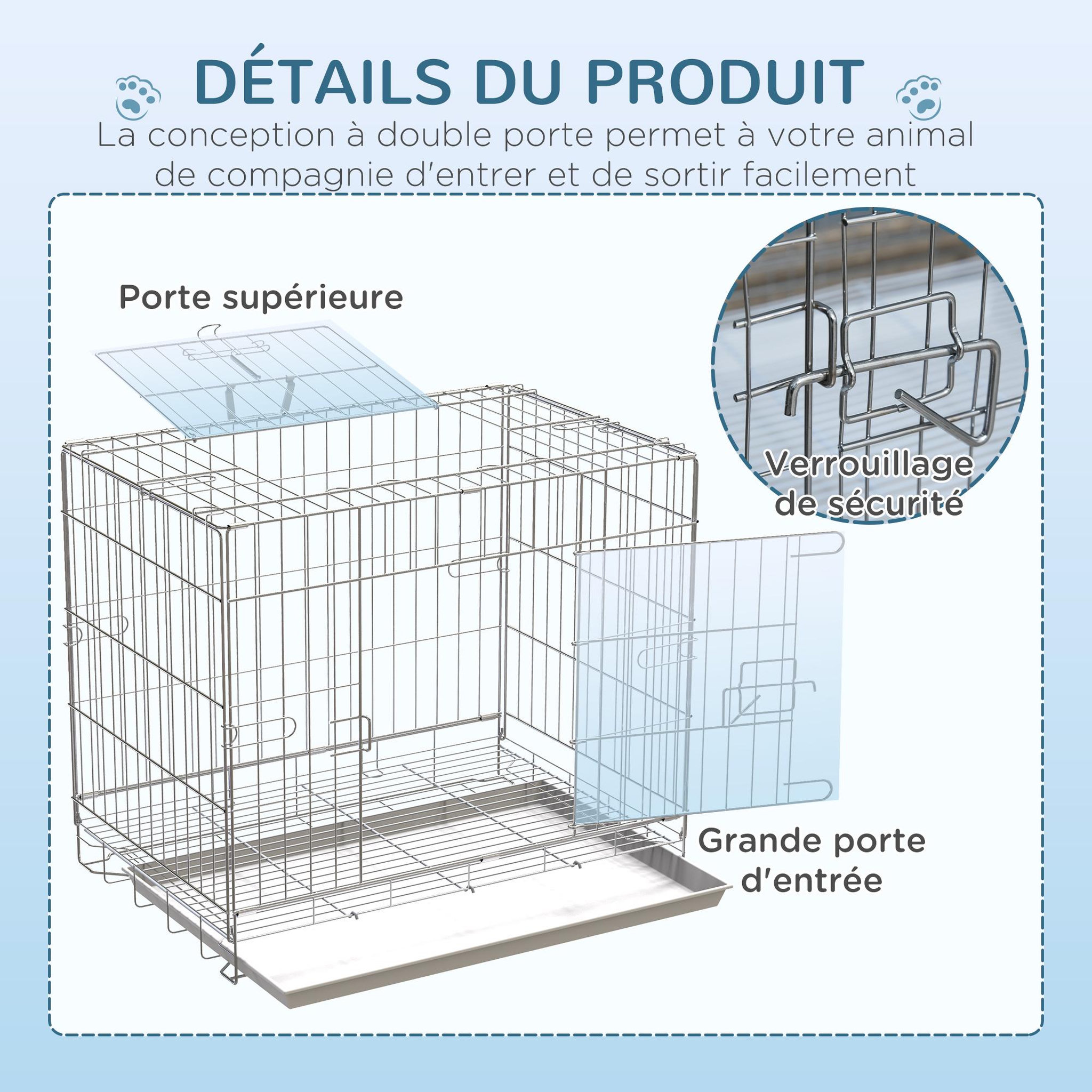 Voir la diapositive 4 : PAWHUT Cage pour chien pliable - plateau excrément coulissant - 2 portes verrouillable, poignée - dim. 61l x 43l x 50h cm - fer galvanisé pp blanc