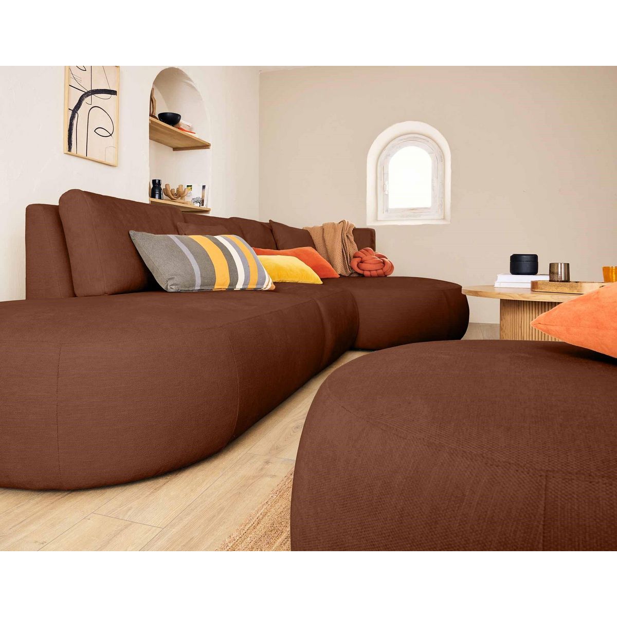 LISA DESIGN Santorini - canapé modulable d'angle droit + pouf - 5 places - en tissu texturé
