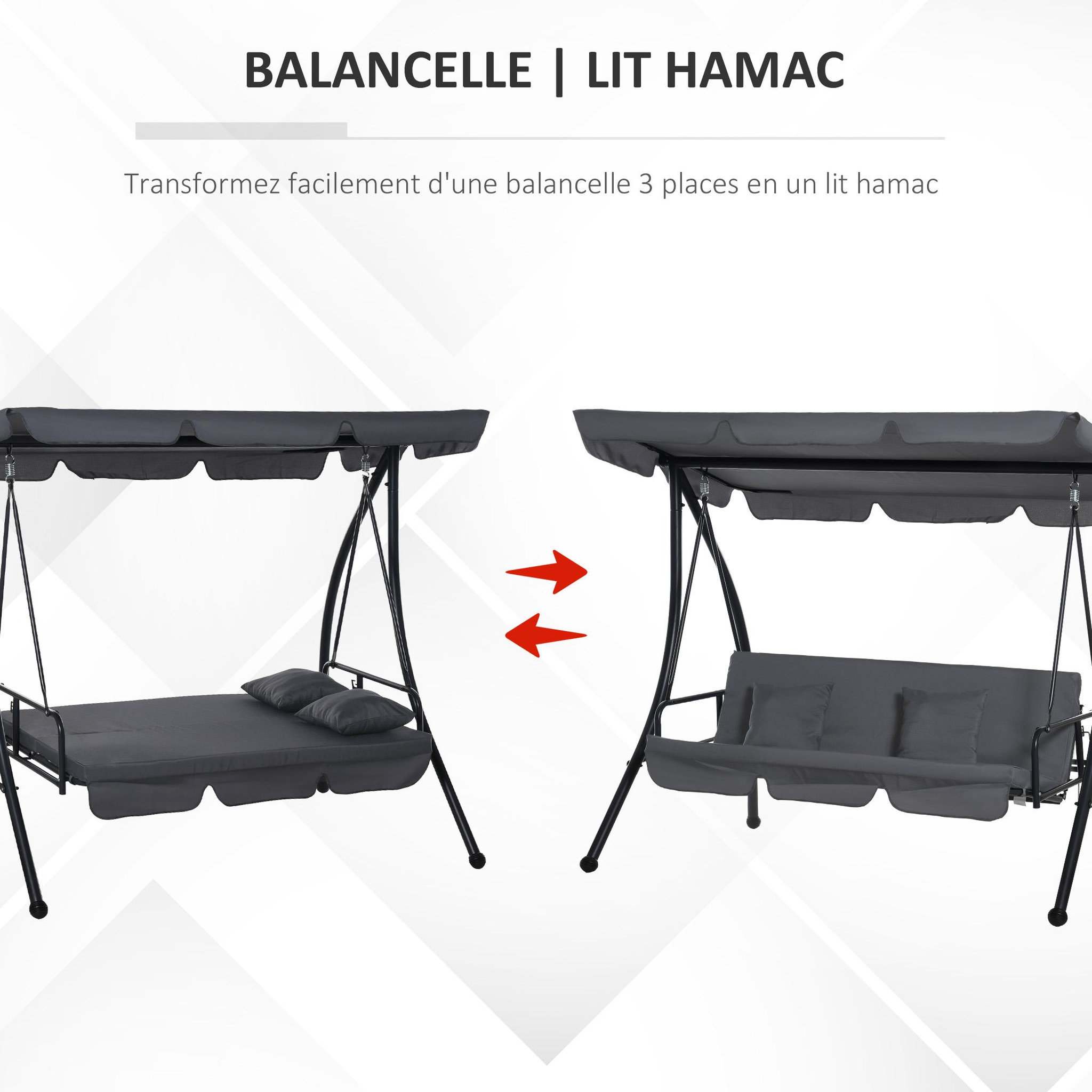 Voir la diapositive 5 : OUTSUNNY Balancelle de jardin convertible 3 places grand confort inclinaison toit réglable matelas fourni 2L x 1,25l x 1,7H m métal polyester noir anthracite