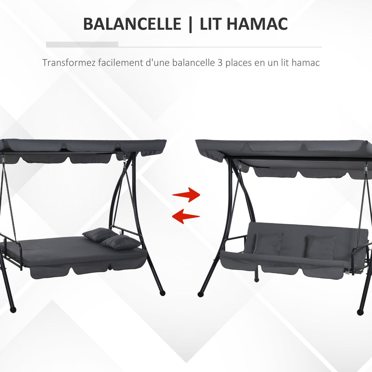 OUTSUNNY Balancelle de jardin convertible 3 places grand confort inclinaison toit réglable matelas fourni 2L x 1,25l x 1,7H m métal polyester noir anthracite