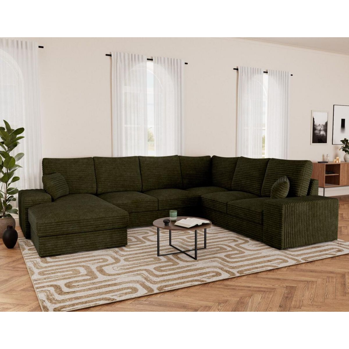 BEST MOBILIER Lorie - canapé panoramique d'angle droit 7 places convertible en velours côtelé grosse côte avec coffre