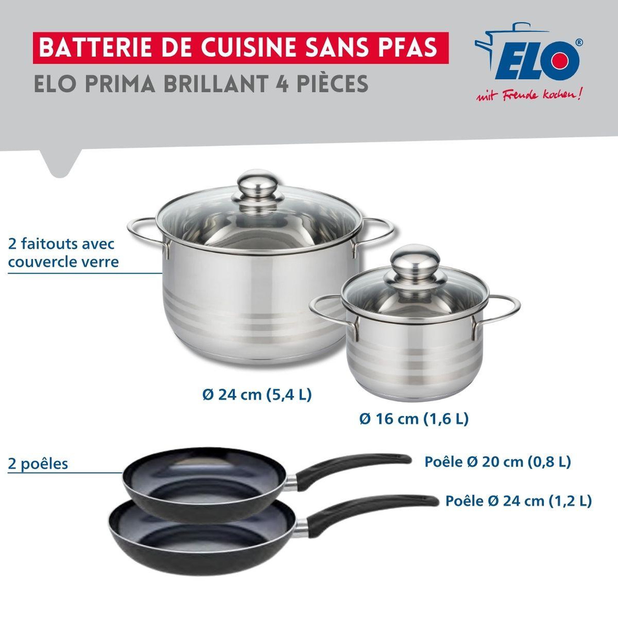 Voir la diapositive 2 : ELO Ensemble de 2 poêles de cuisson 20 et 24 cm et 2 faitouts 16 et 24 cm elo prima brillant