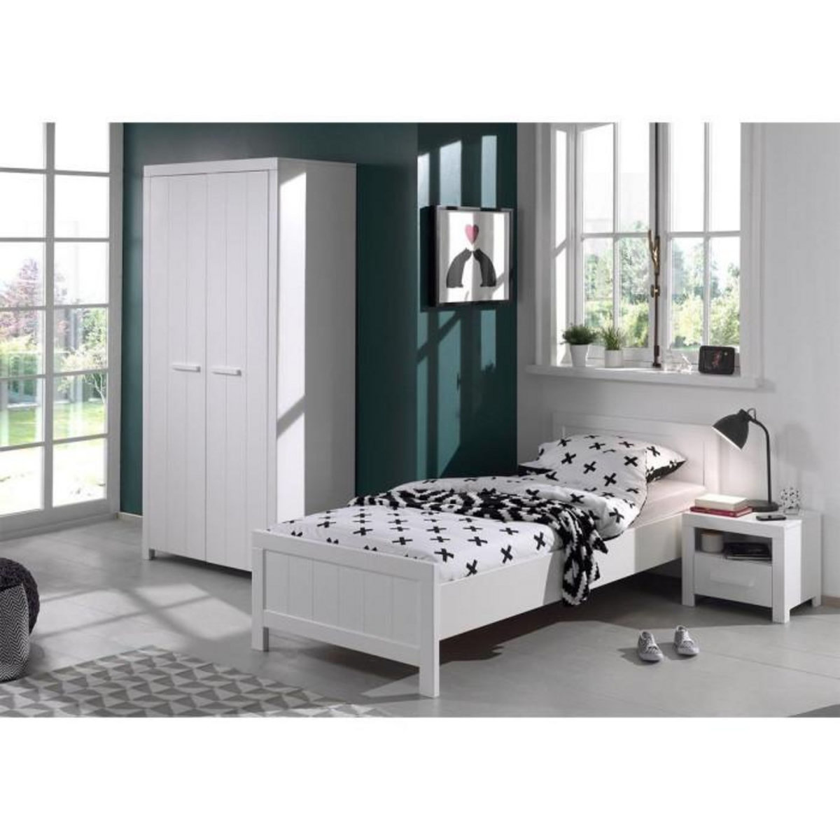 Paris Prix Pack - Lit Enfant, Sommier, Chevet & Armoire  Erik  90x200cm Blanc