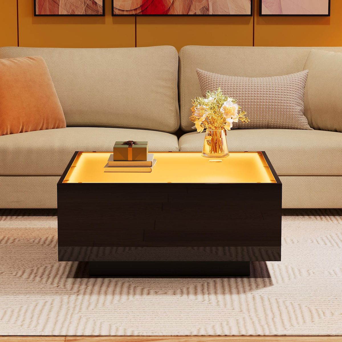 MERAX Table basse carrée noir - 70x70 cm led panneau de particules