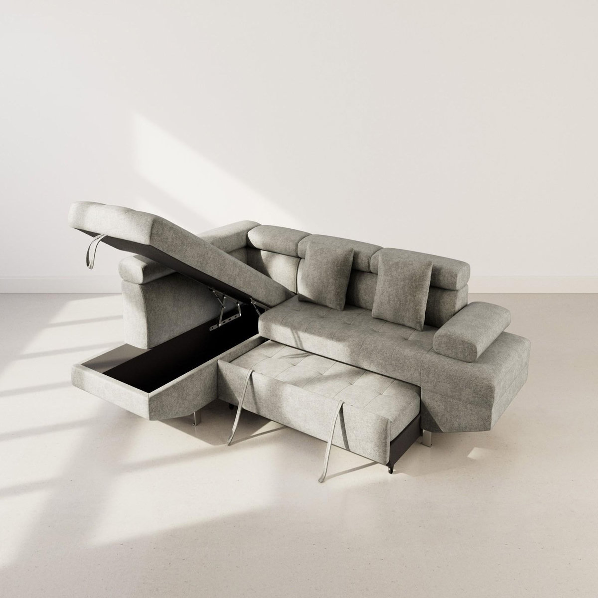 BEST MOBILIER Margaux - canapé d'angle gauche 5 places convertible avec coffre et têtières réglables en velours texturé