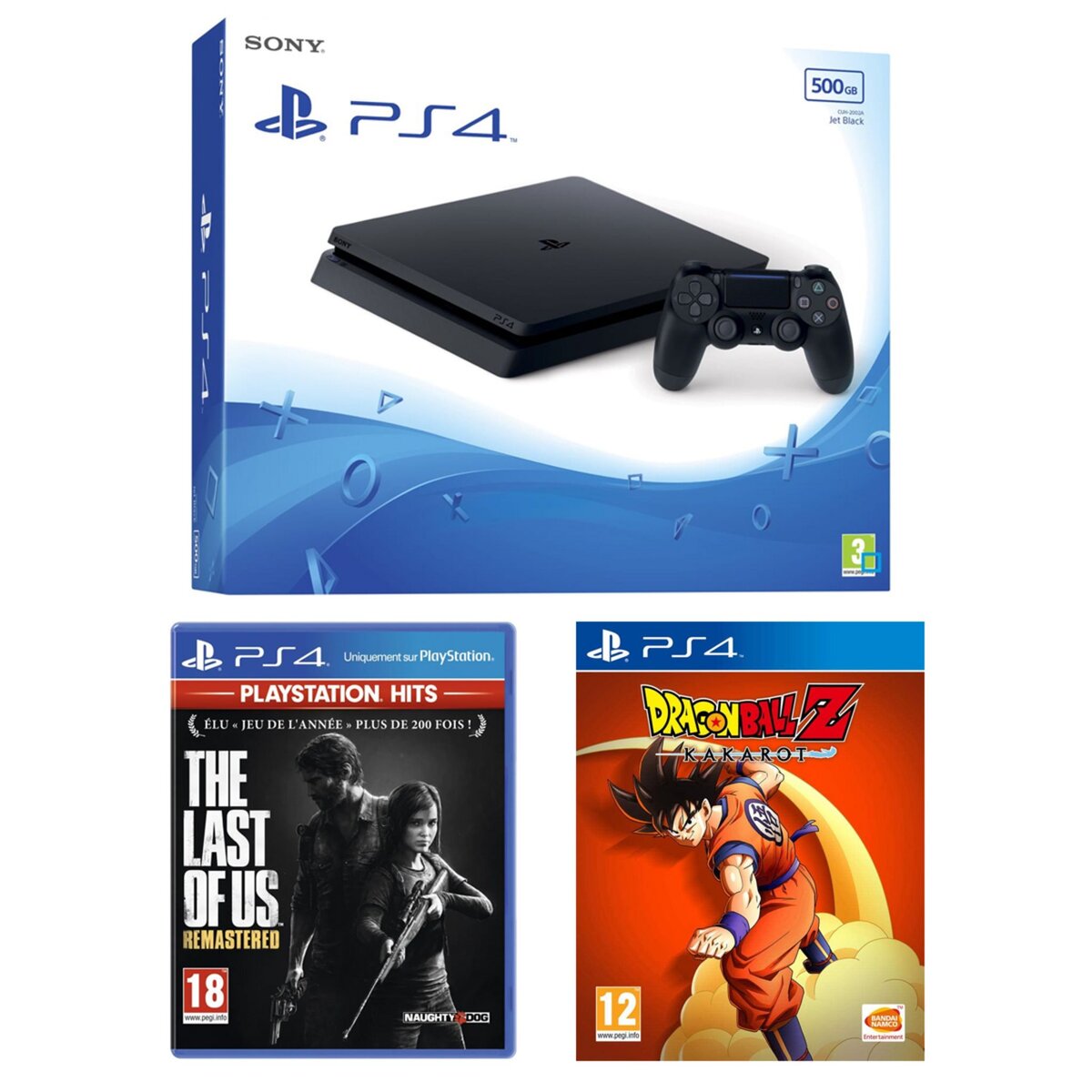 SONY Console PS4 Slim 500Go Noire Chassis F + The Last of Us remastered Playstation Hits + Dragon Ball Z: Kakarot