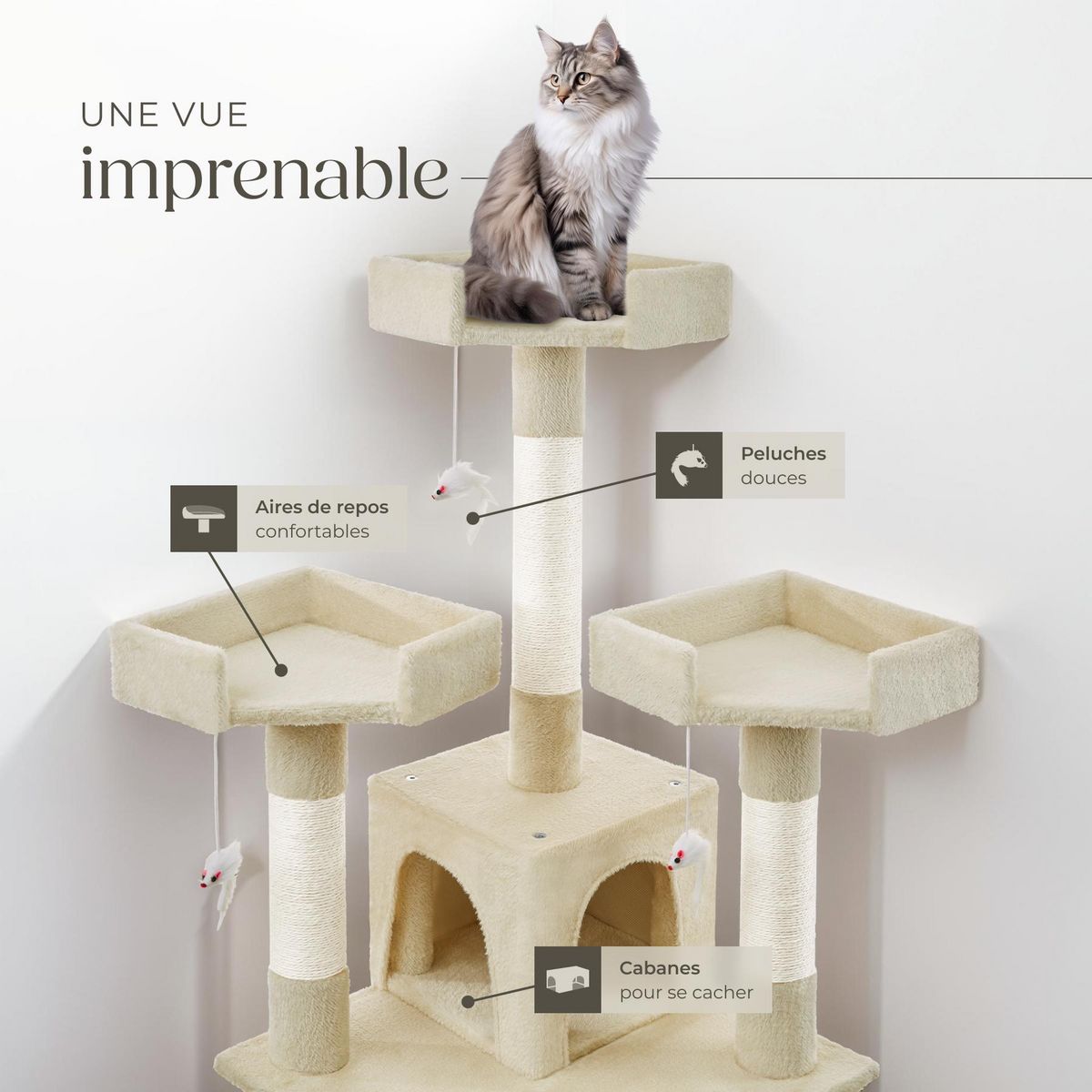 tectake Arbre à chat 170 cm avec griffoir et plateforme d'escalade beige