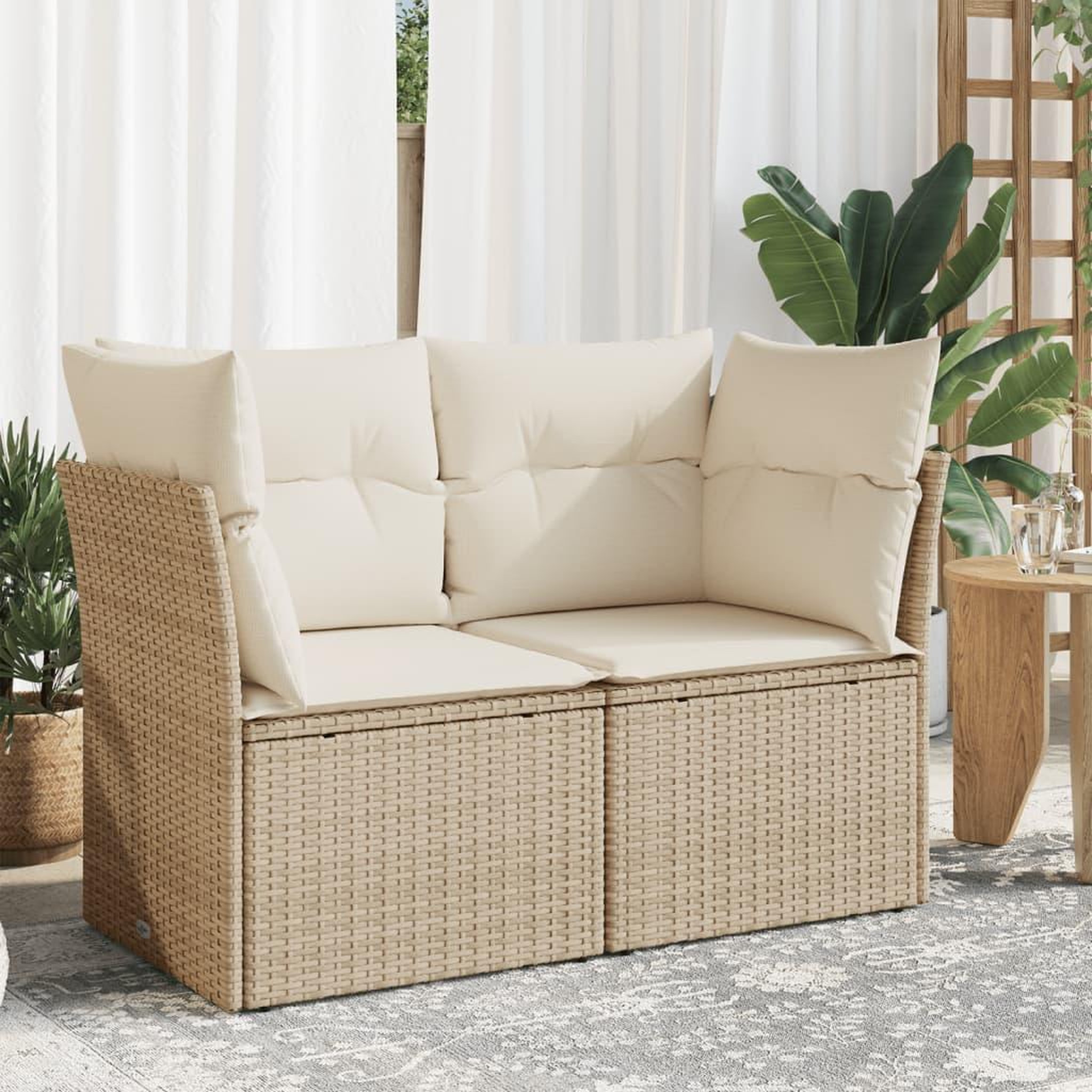 VIDAXL Canape de jardin avec coussins 2 places beige resine tressee