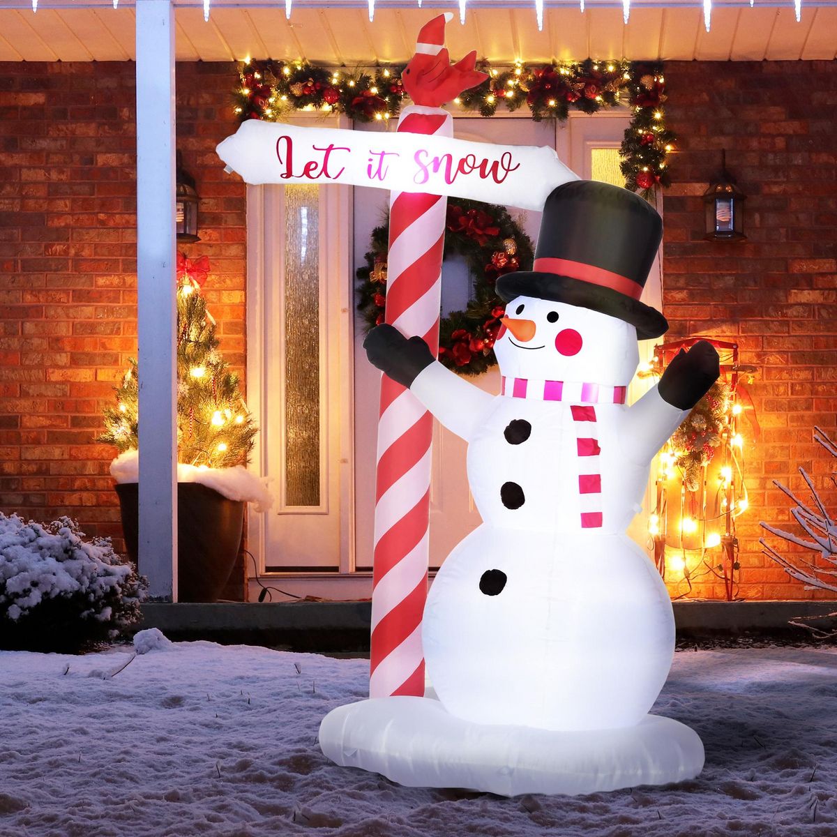 OUTSUNNY Bonhomme de neige gonflable avec pancarte 3 LED, décoration gonflable de Noël pour l'extérieur et l'intérieur, hauteur 213 cm, polyester imperméable, blanc