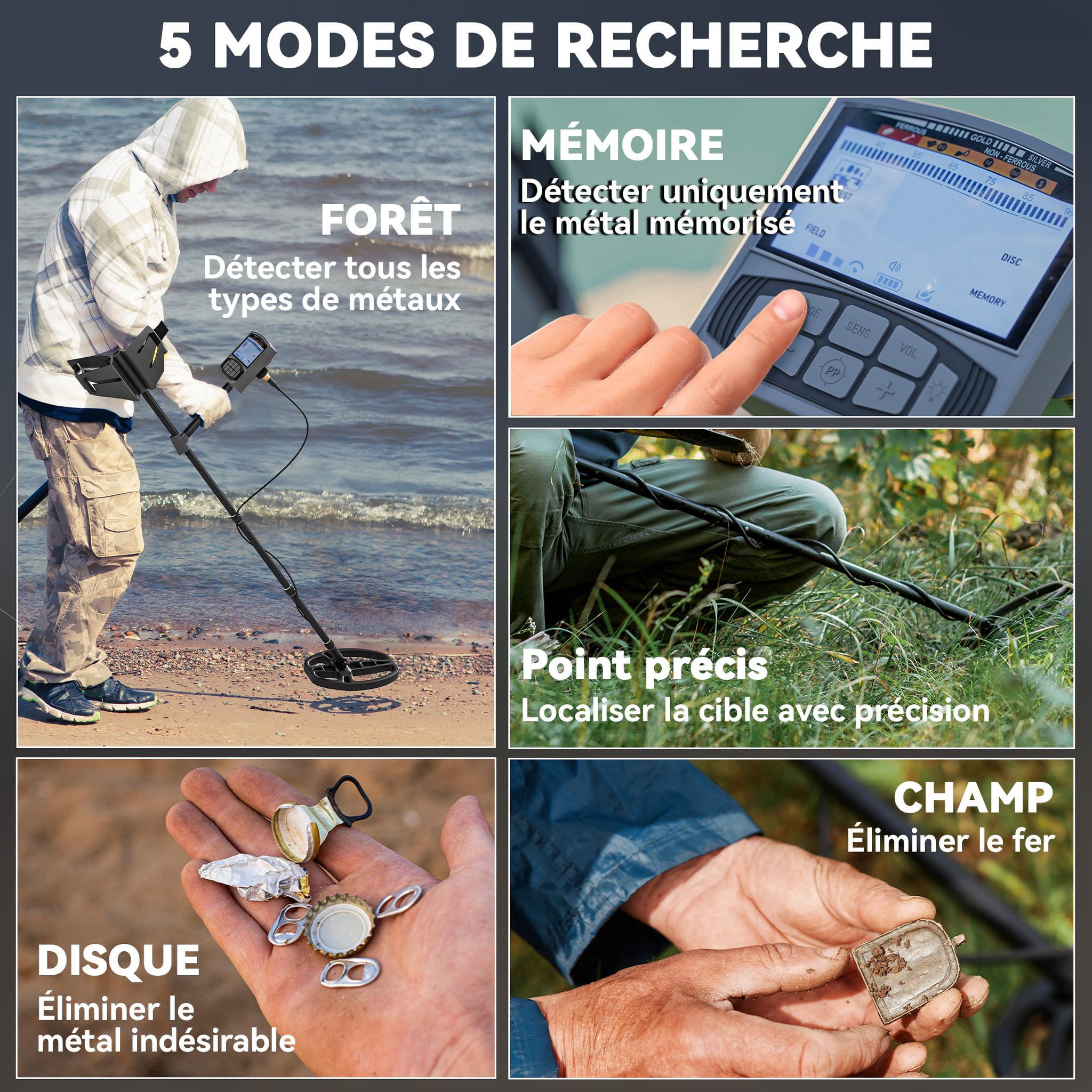 Voir la diapositive 6 : OUTSUNNY Détecteur de métaux haute sensibilité - nombreux accessoires - bobine étanche, manche telescopique - gris foncé