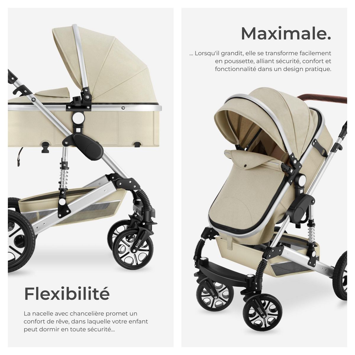 tectake Poussette combinée 2-en-1 pliable avec harnais à 5 points, frein, arceau de sécurité et dragonne gris/beige