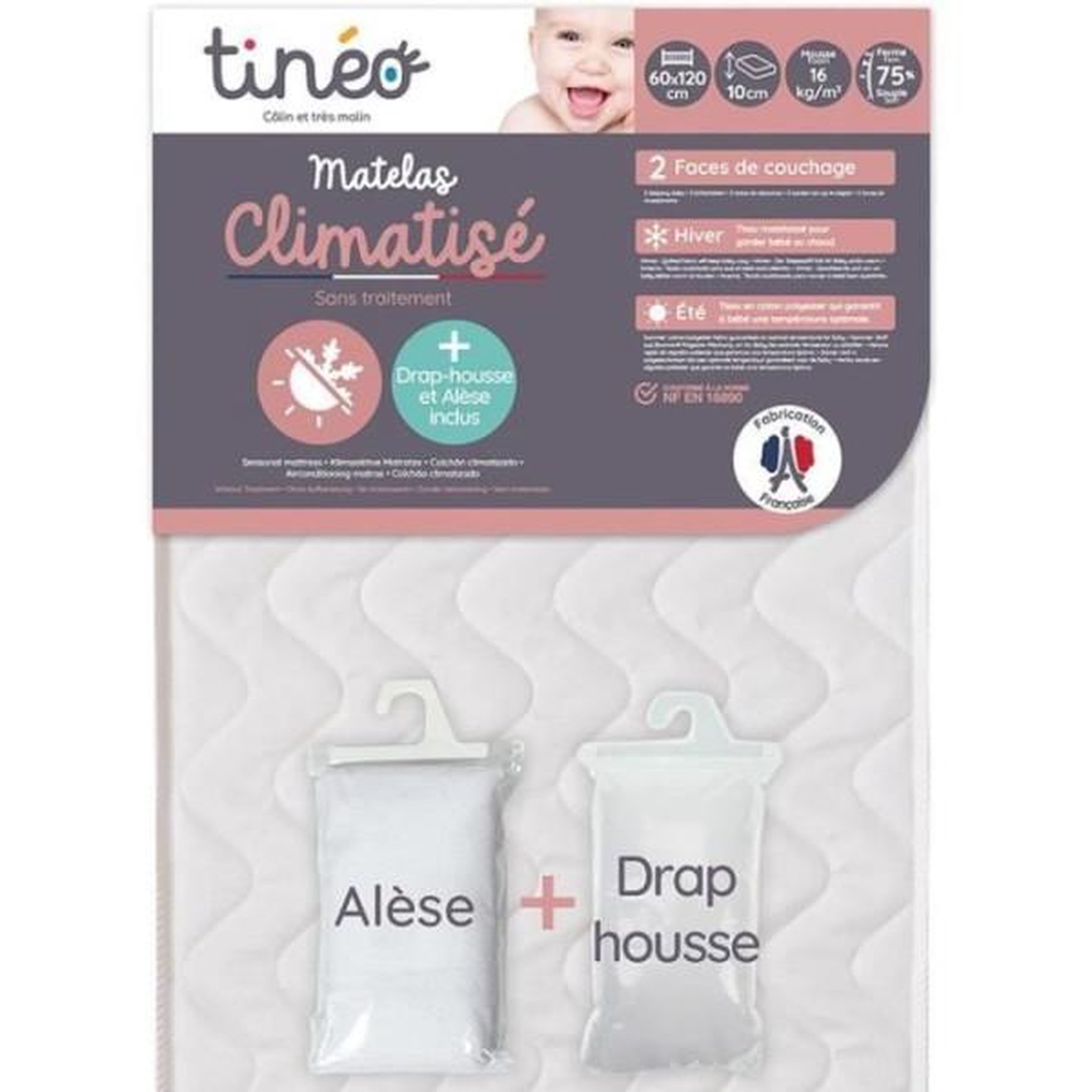 TINEO Matelas climatisé TINEO 60x120 cm + drap housse + alese (lot)