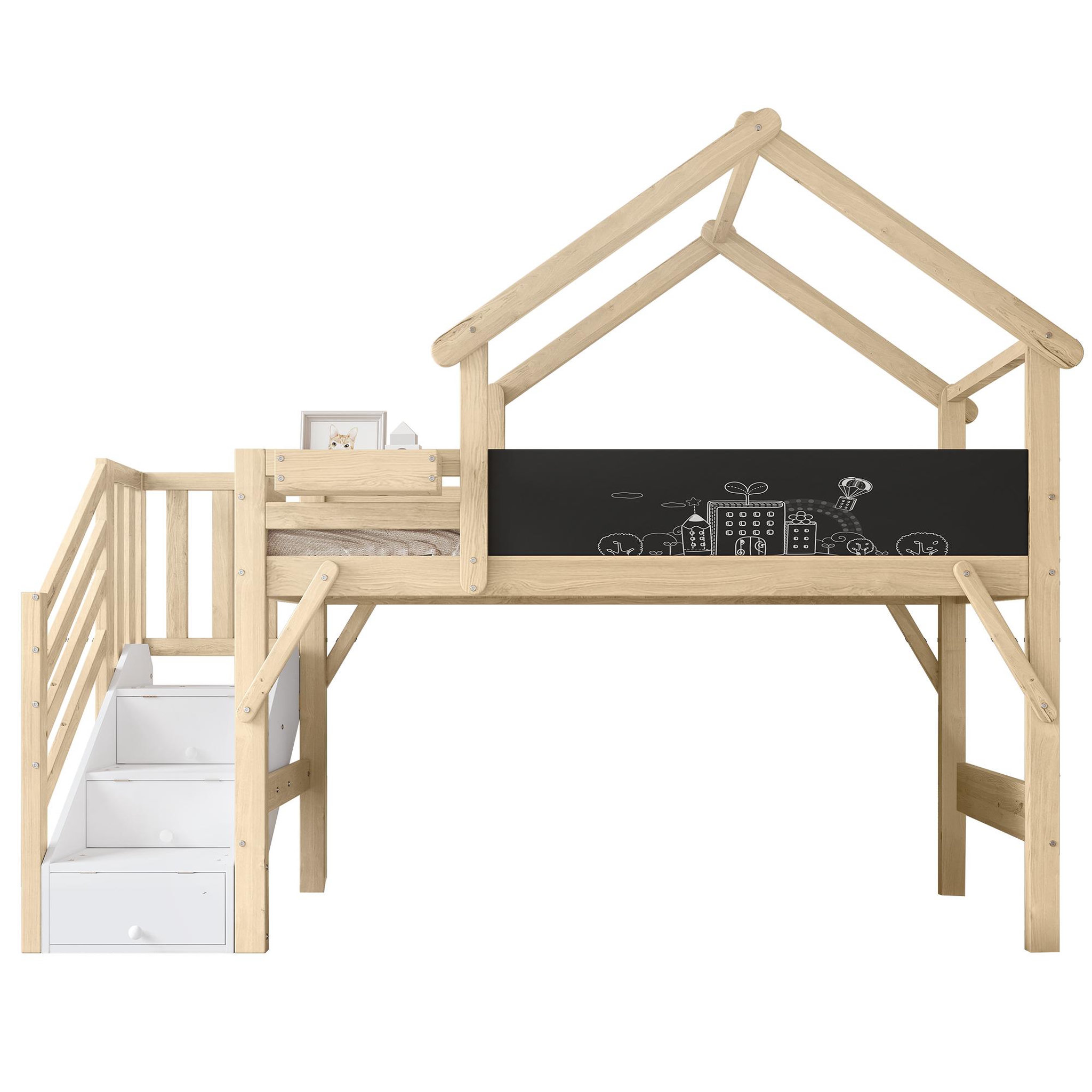 MERAX Lit enfant mi hauteur 90x200cm pin coloris blanc+naturel