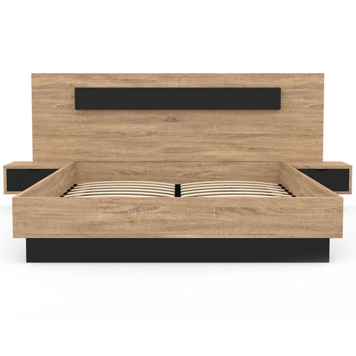 ID MARKET Lit coffre double SANTA avec tête de lit + tables de chevets intégrées et sommier 140 x 190 cm bois et noir