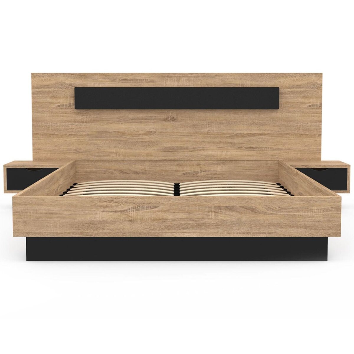 ID MARKET Lit coffre double SANTA avec tête de lit + tables de chevets intégrées et sommier 140 x 190 cm bois et noir