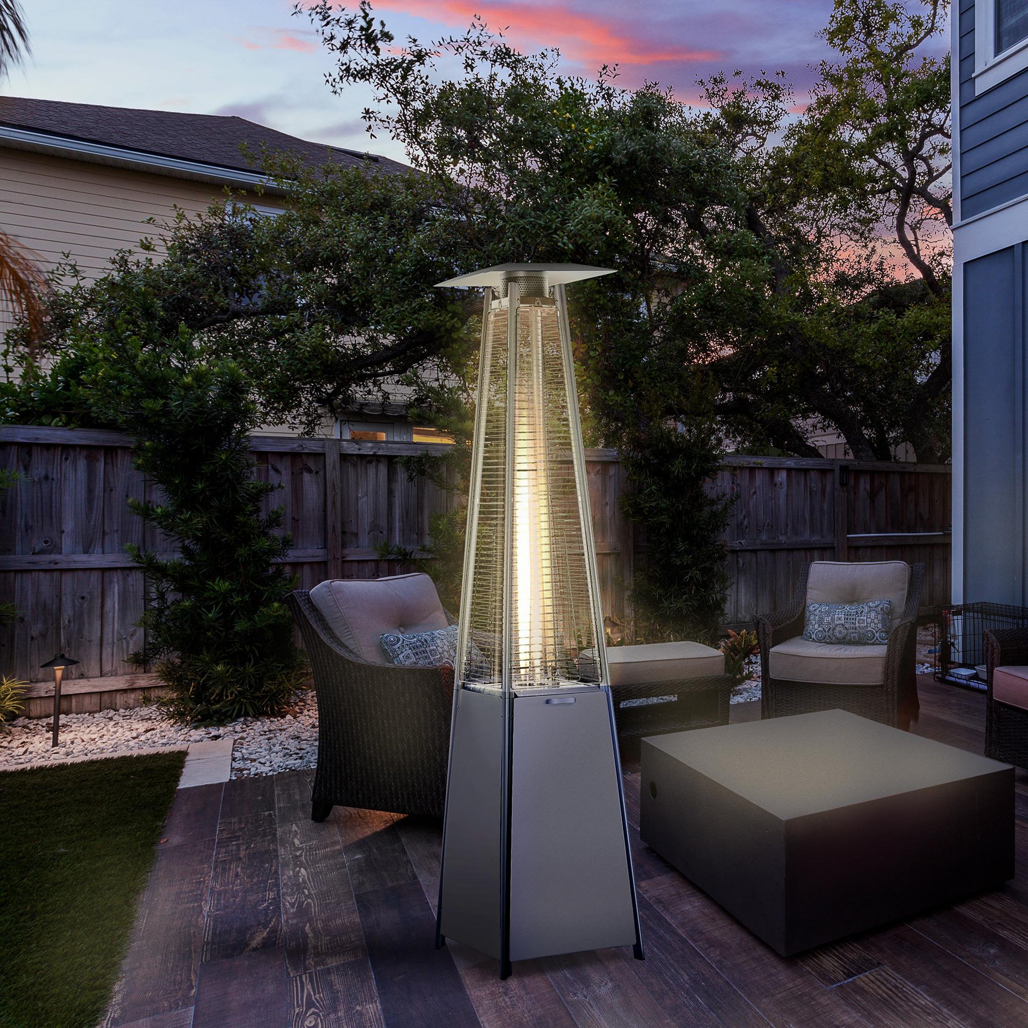 Voir la diapositive 4 : OUTSUNNY Outsunny Parasol chauffant pyramide 10,5 kW - chauffage d'extérieur gaz - chauffage de terrasse - double sécurité - puissance réglable - roulettes, housse incluse - acier inox. gris métal