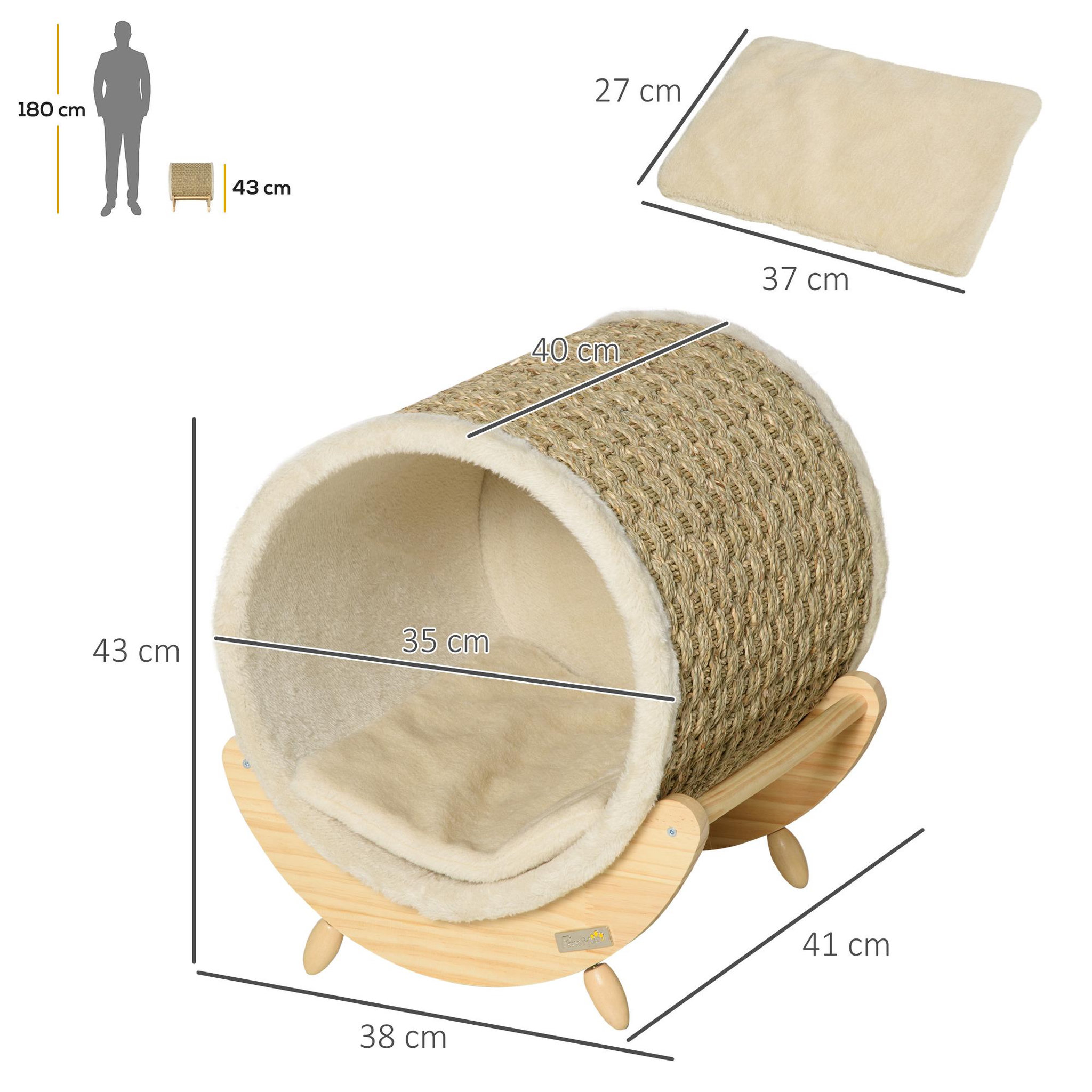 Voir la diapositive 3 : PAWHUT Maison pour chat design - niche chat panier chat - coussin, grattoir sisal jonc de mer naturel inclus - bois flanelle beige