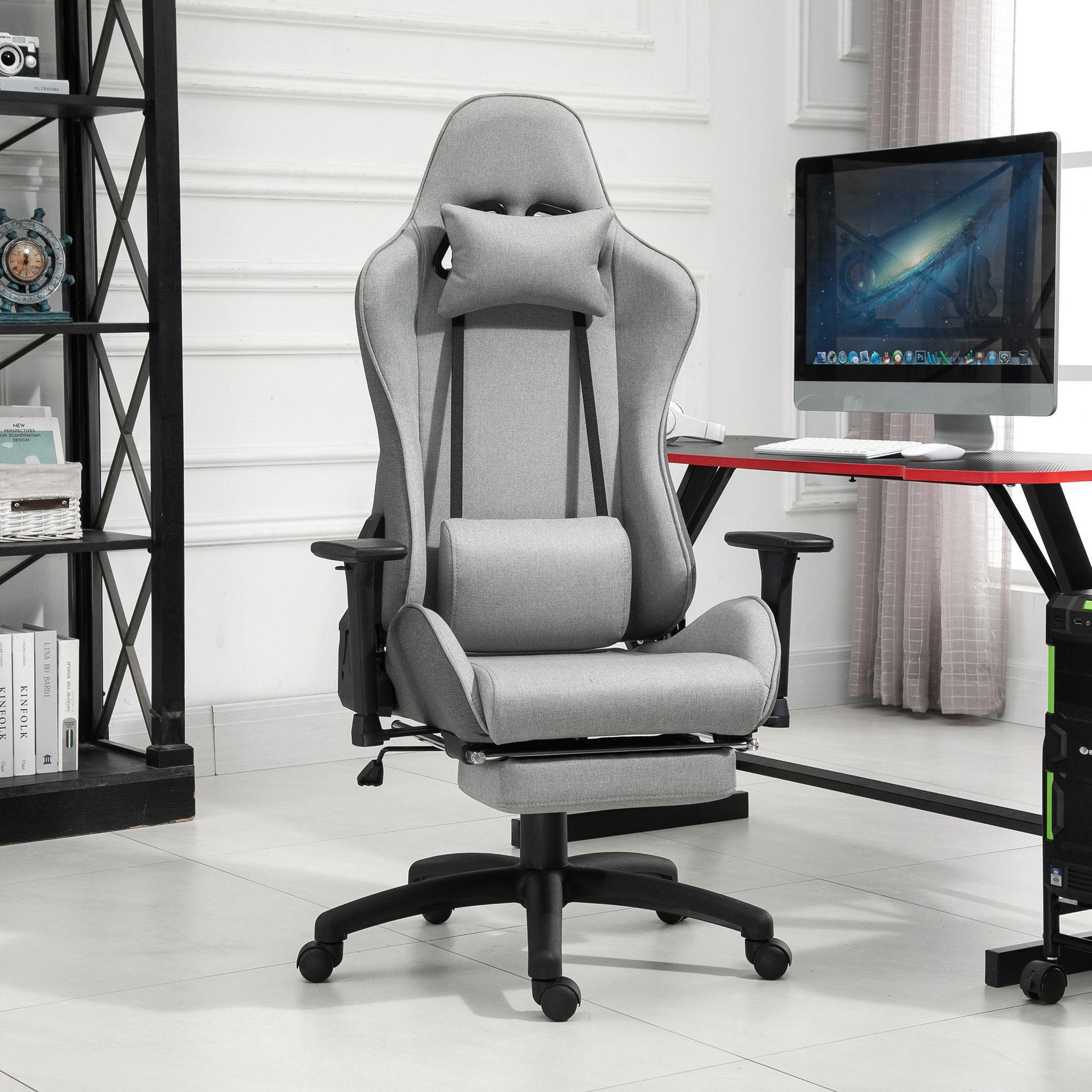 Voir la diapositive 2 : VINSETTO Vinsetto Fauteuil de bureau manager grand confort repose-pied tétière + coussin lombaires intégrés dossier inclinable accoudoirs réglables lin gris