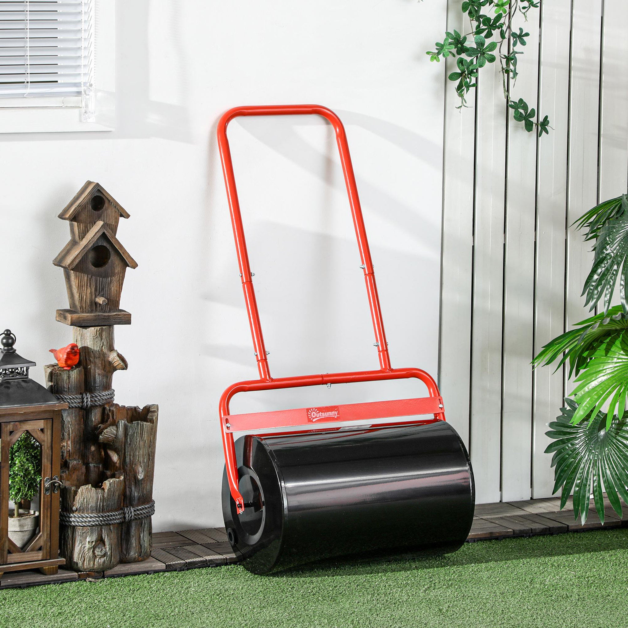 Voir la diapositive 2 : OUTSUNNY Rouleau à gazon jardin en acier avec poignée dim. 59l x 32l x 113h cm lestage max. 38 l rouge noir