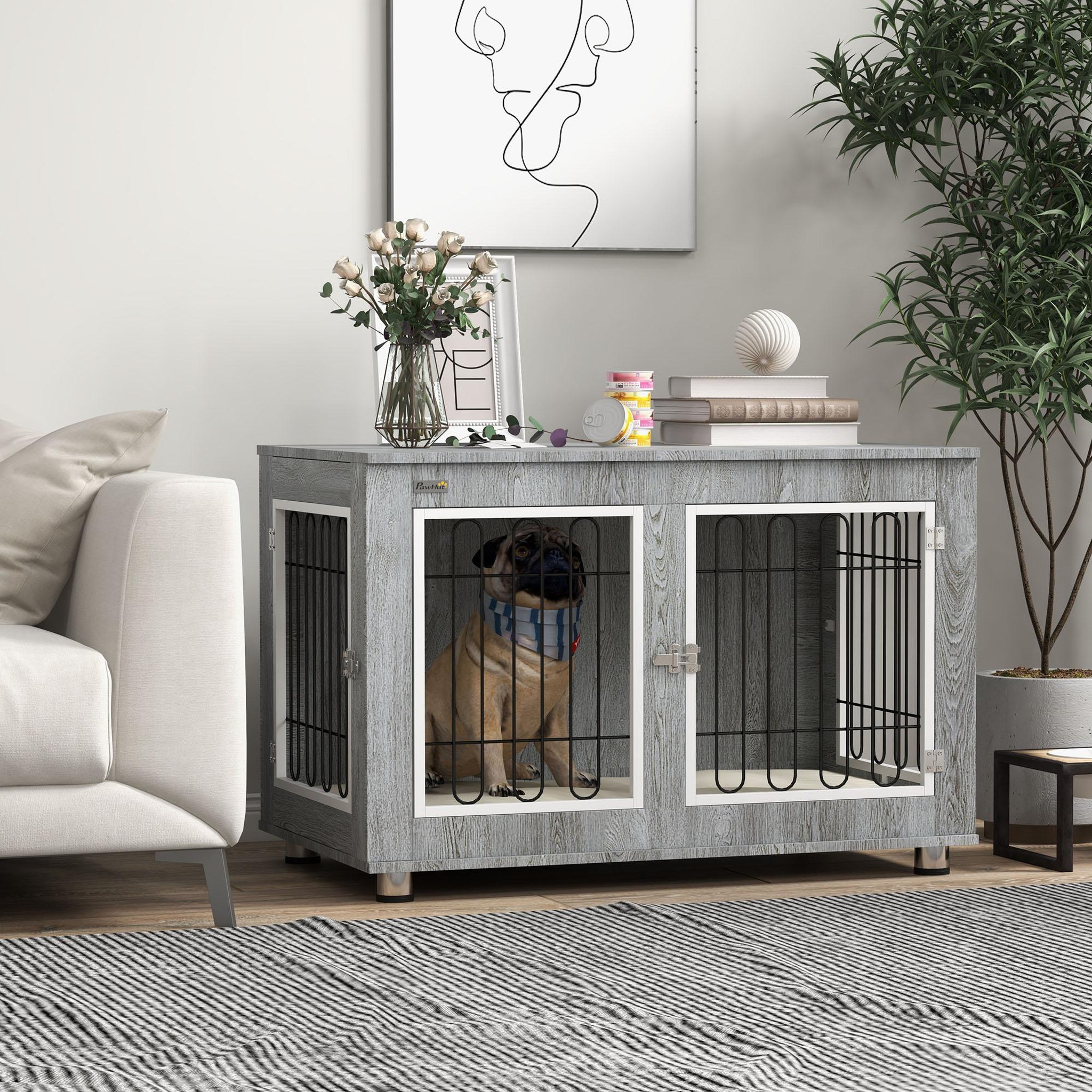 Voir la diapositive 2 : PAWHUT Cage pour chien sur pied - 2 portes verrouillables, coussin déhoussable inclus - acier filaire noir panneaux aspect bois gris