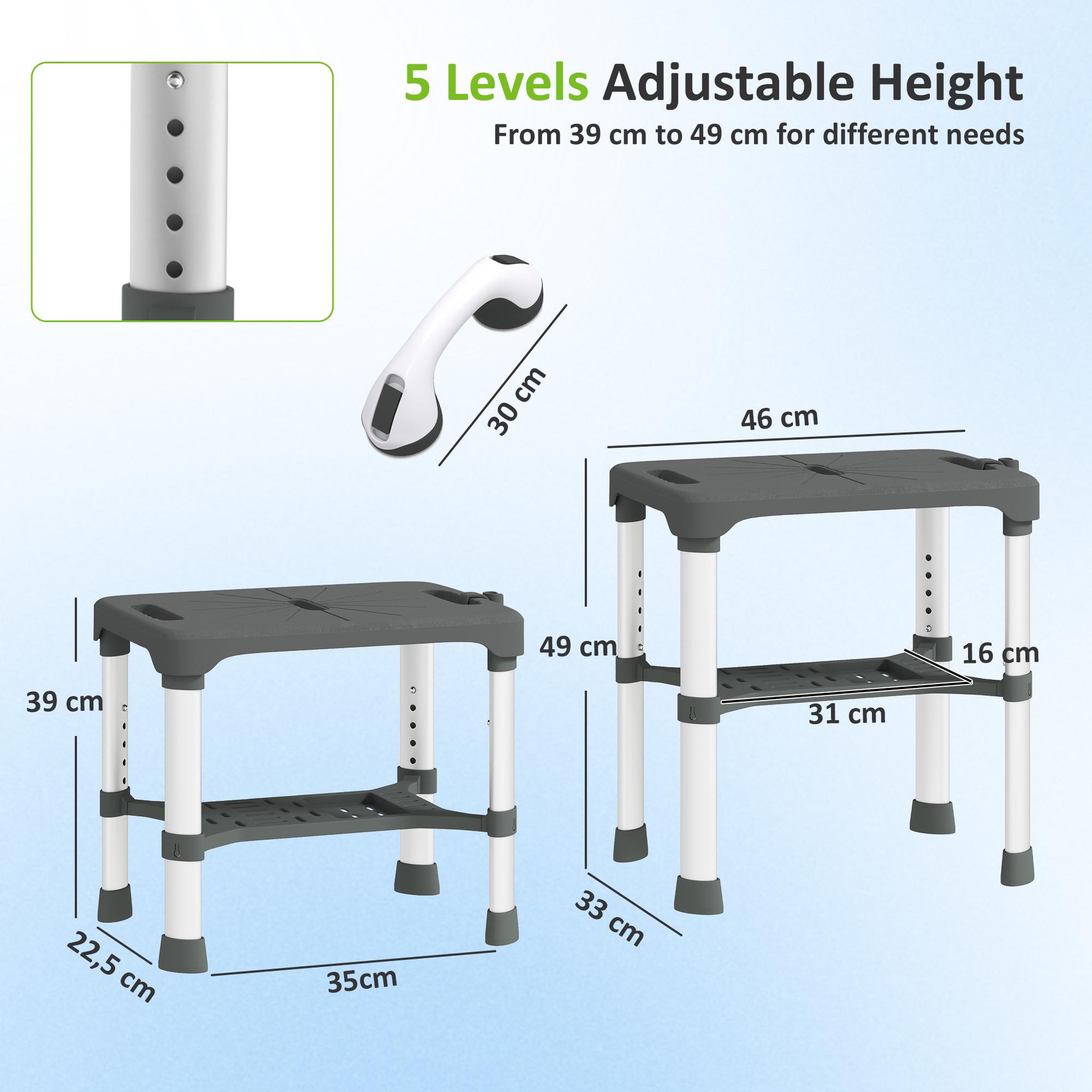 Voir la diapositive 3 : HOMCOM Tabouret de douche réglable avec poignée ventouses étagère support pommeau intégrés