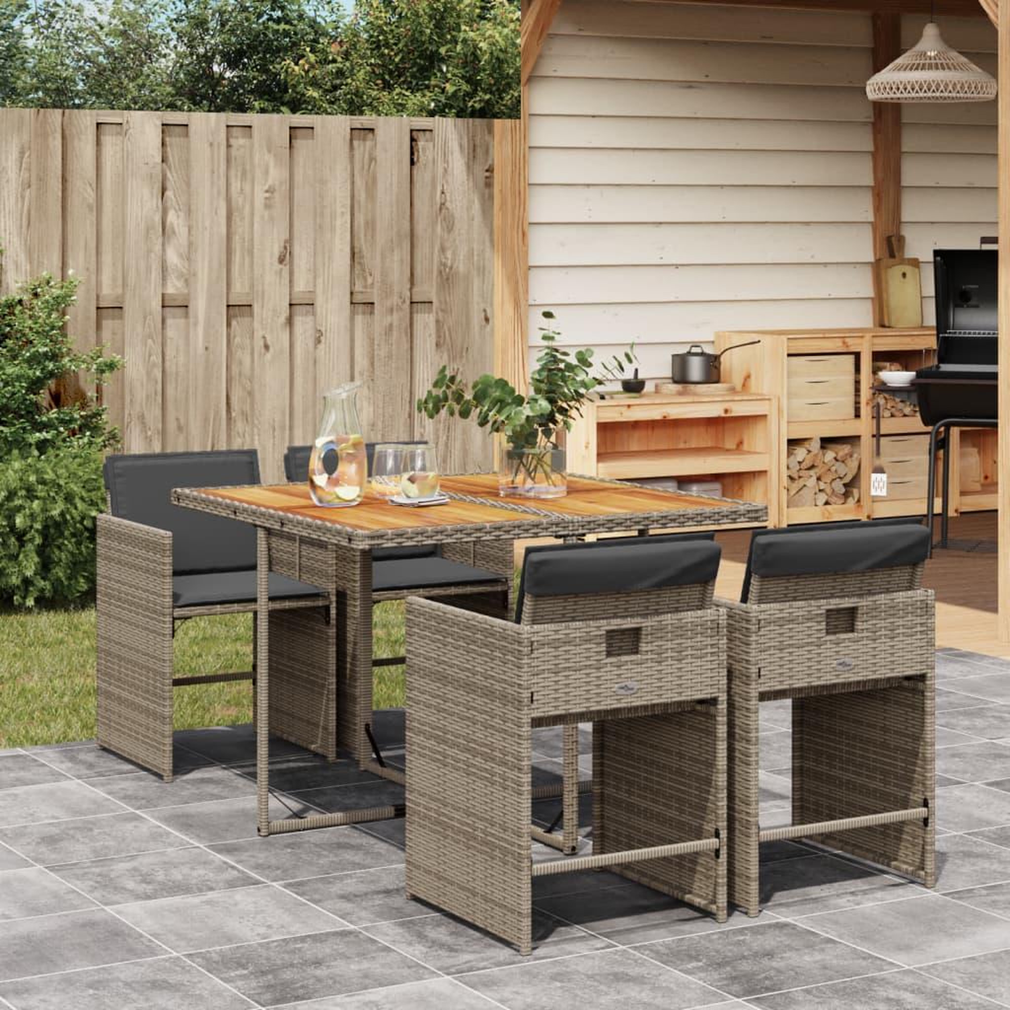 VIDAXL Ensemble a manger de jardin 5 pcs coussins gris resine tressee