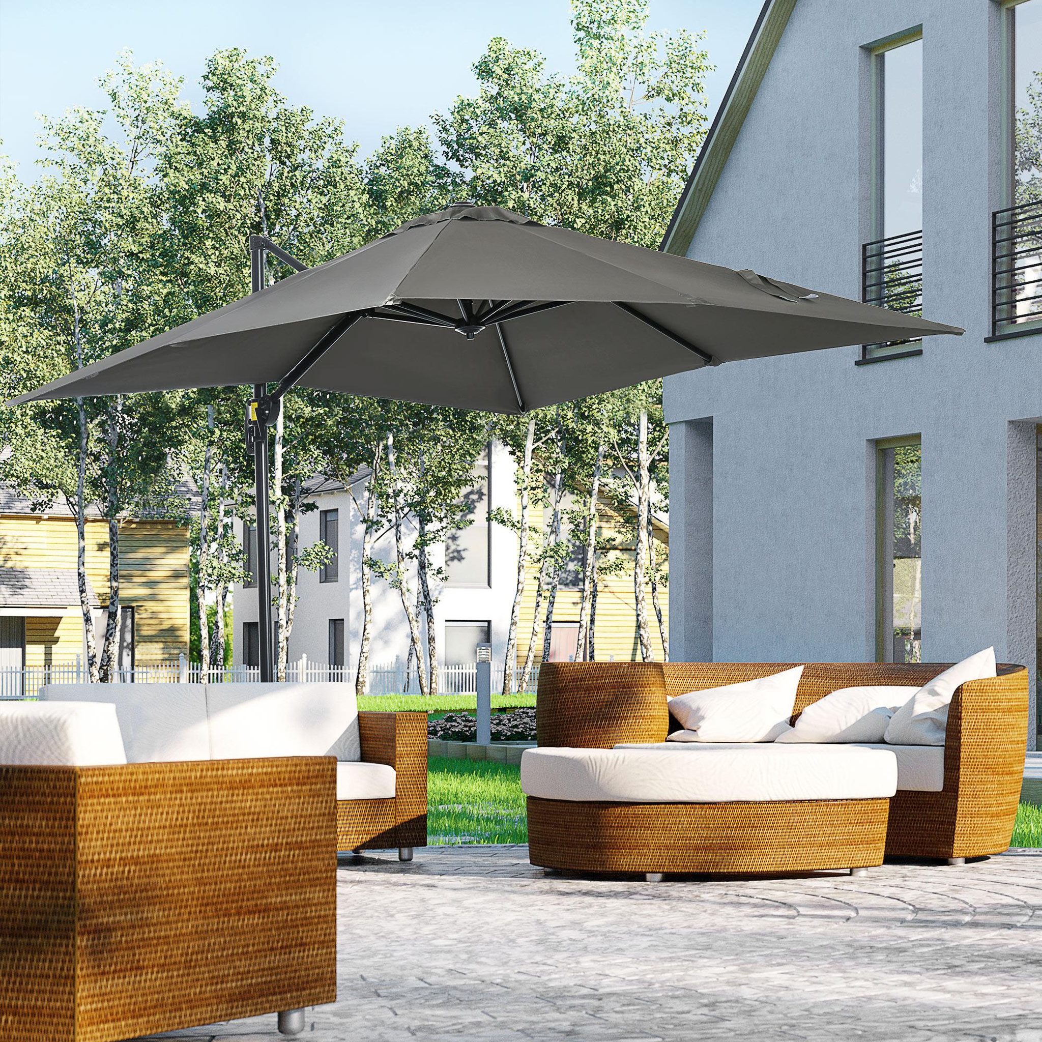Voir la diapositive 2 : OUTSUNNY Parasol déporté carré inclinable manivelle avec pied en acier dim. 2,45L x 2,45l x 2,45H m métal alu. polyester haute densité gris