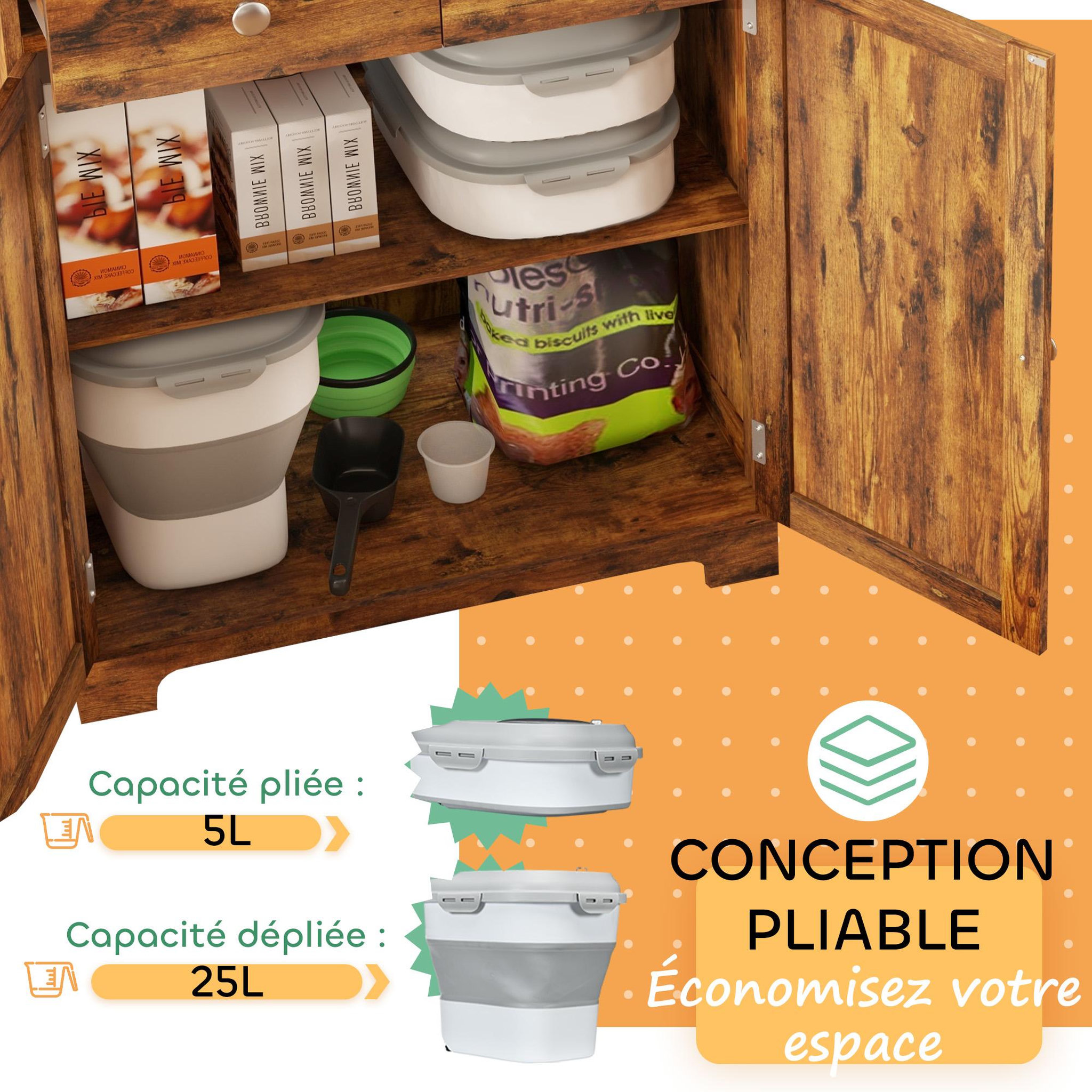 Voir la diapositive 5 : PAWHUT Conteneur à croquettes pour chiens et chats pliable 25L - roulettes, tasse, bol, cuillère - gris