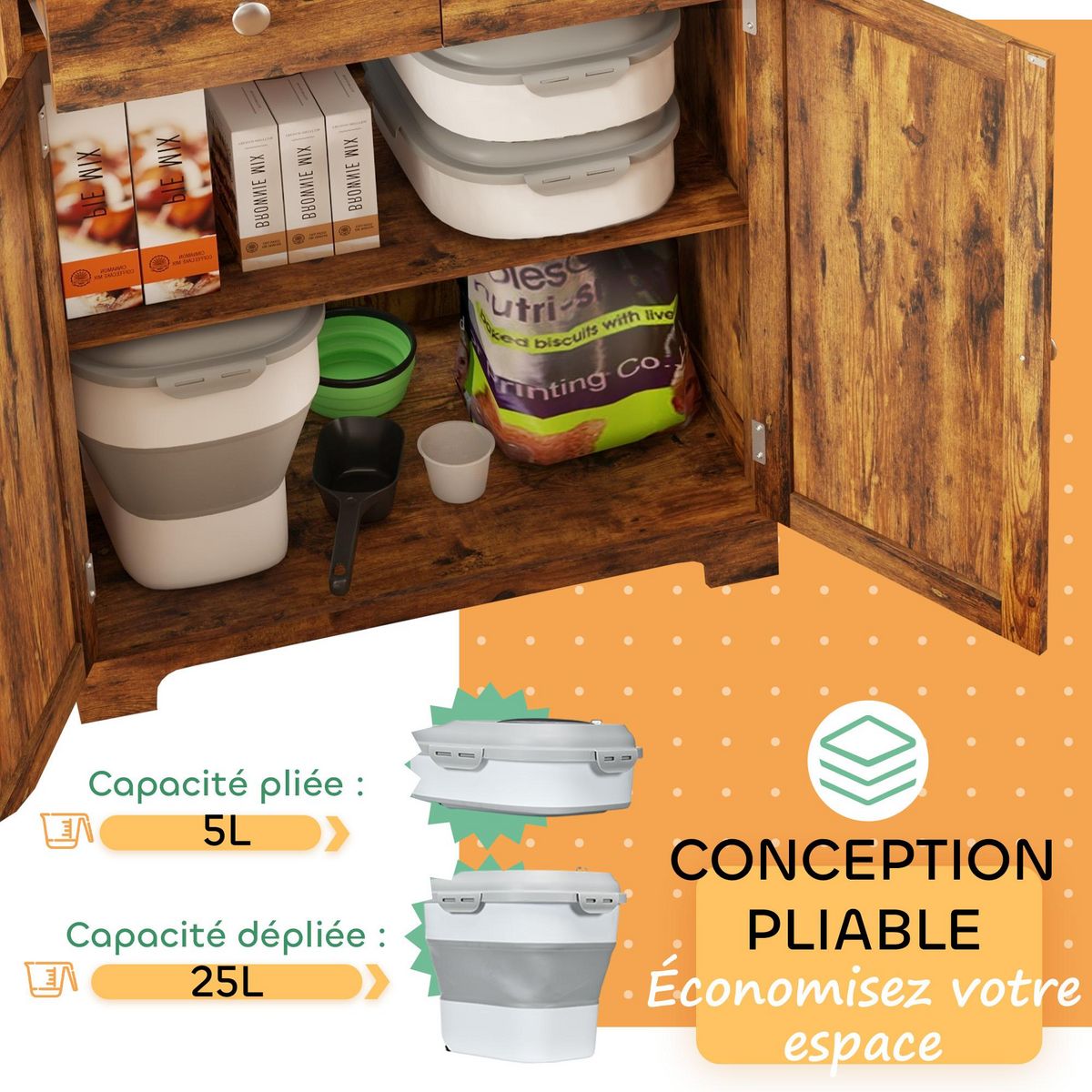 PAWHUT Conteneur à croquettes pour chiens et chats pliable 25L - roulettes, tasse, bol, cuillère - gris