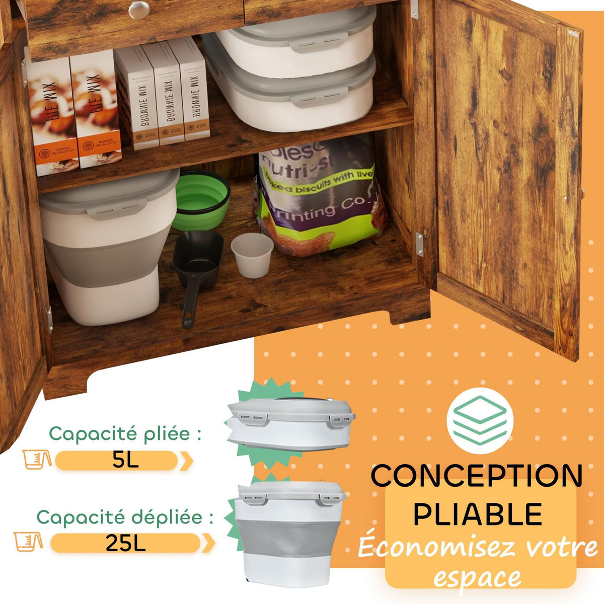 PAWHUT Conteneur à croquettes pour chiens et chats pliable 25L - roulettes, tasse, bol, cuillère - gris