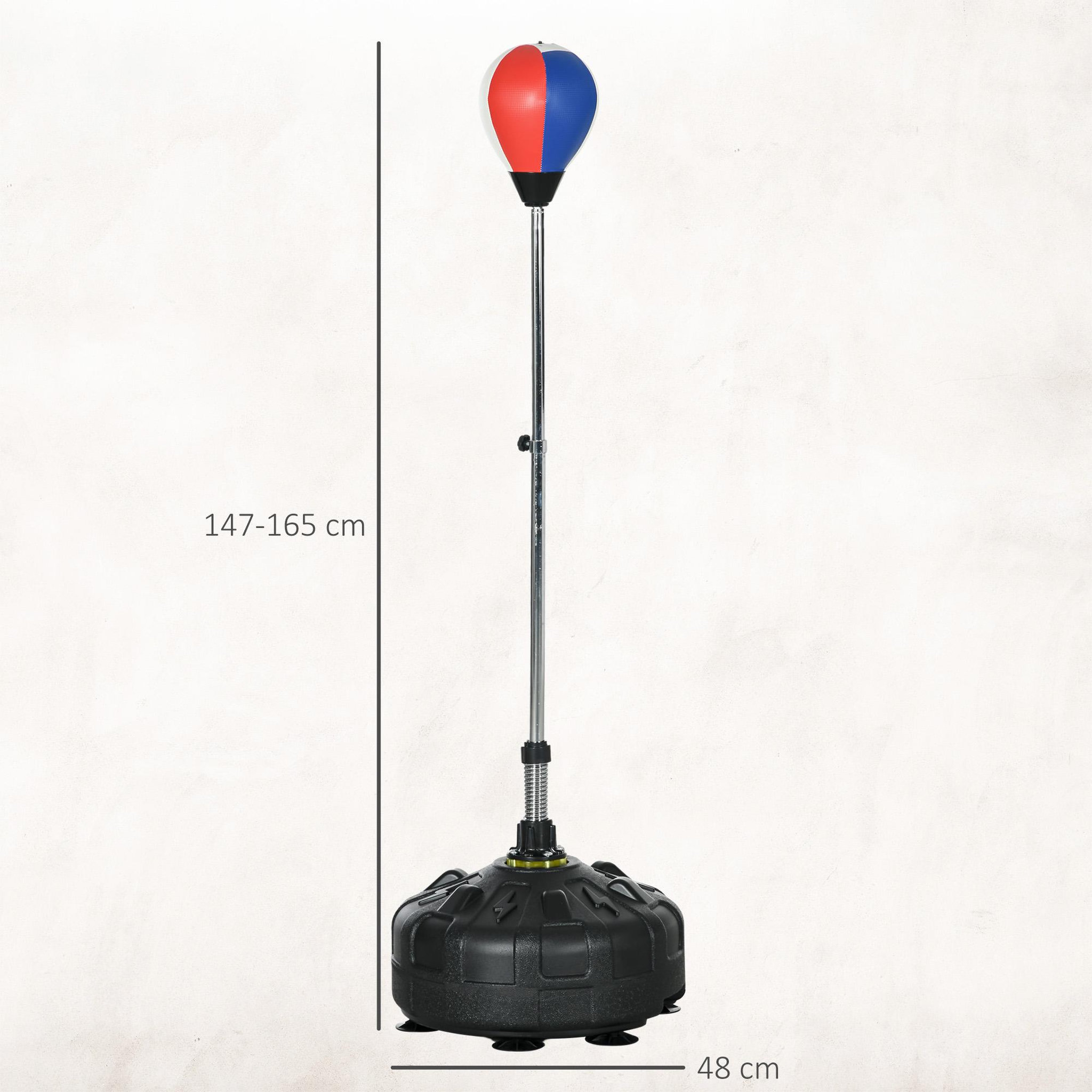 Voir la diapositive 3 : HOMCOM Punching ball sur pied hauteur réglable h.147 -165cm - ressort central, socle ventouses - bleu blanc rouge