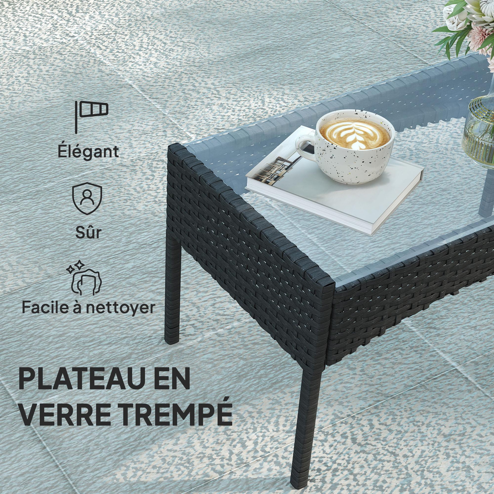 Voir la diapositive 6 : OUTSUNNY Ensemble salon de jardin 4 personnes 4 pièces résine tressée plateau verre trempé noir gris