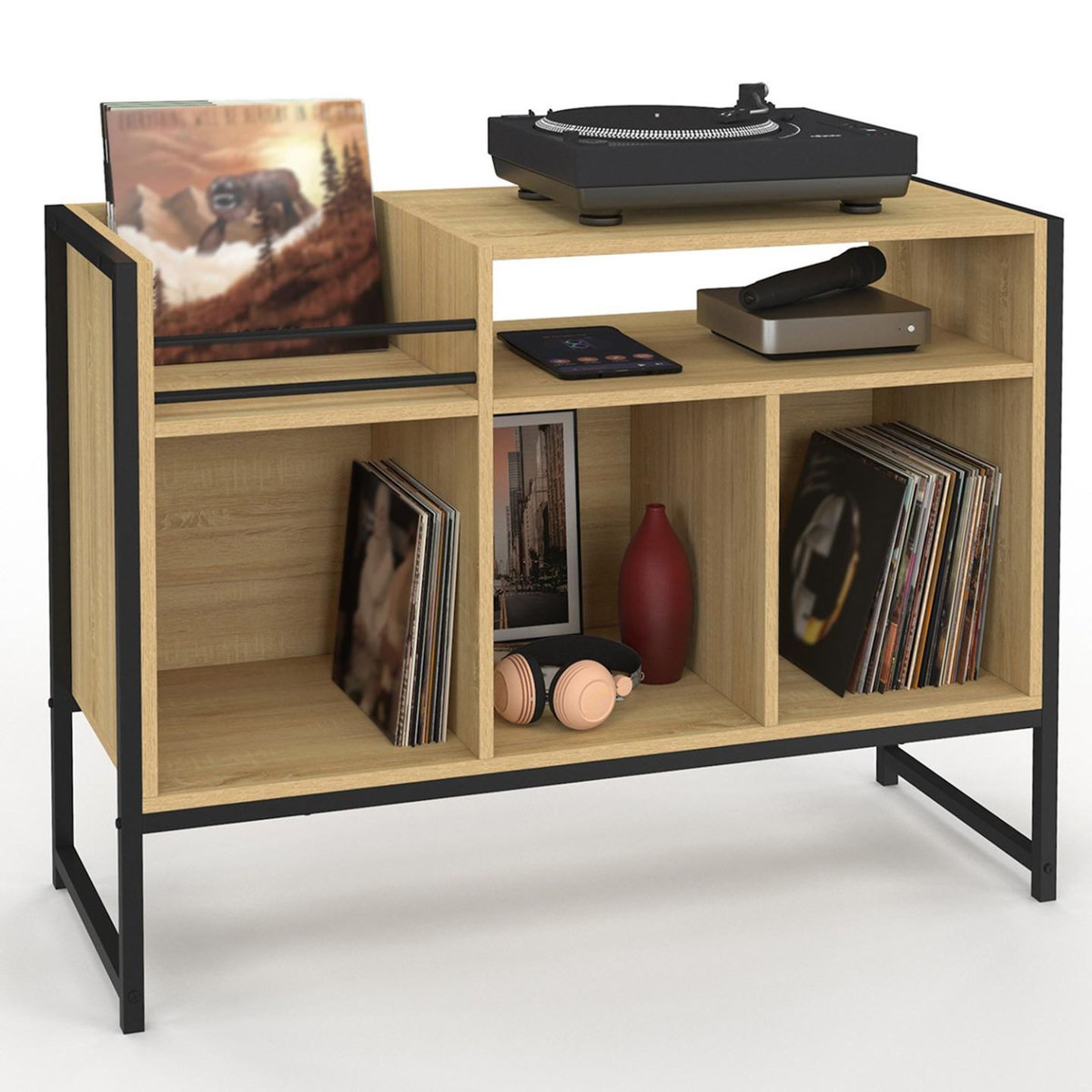 ID MARKET Meuble vinyle, buffet de rangement 100cm DETROIT bois et noir design industriel